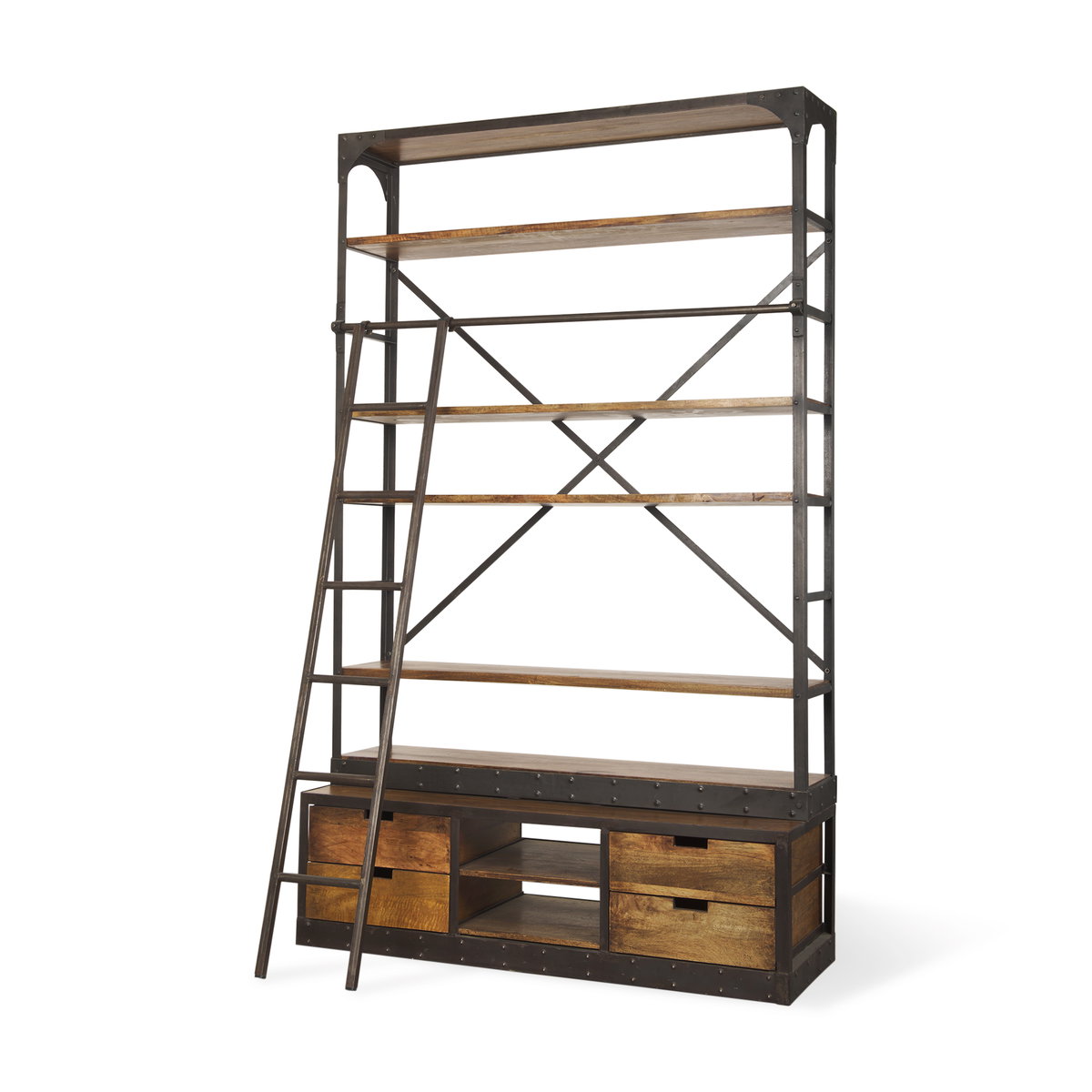 Brodie II Medium Brown Wood Black Ladder Four Shelf Shelving Unit 57L x 20.5W x94H, Shelving & Bookcase by Mercana, 57" length x 19.5" width x 94" height View 1