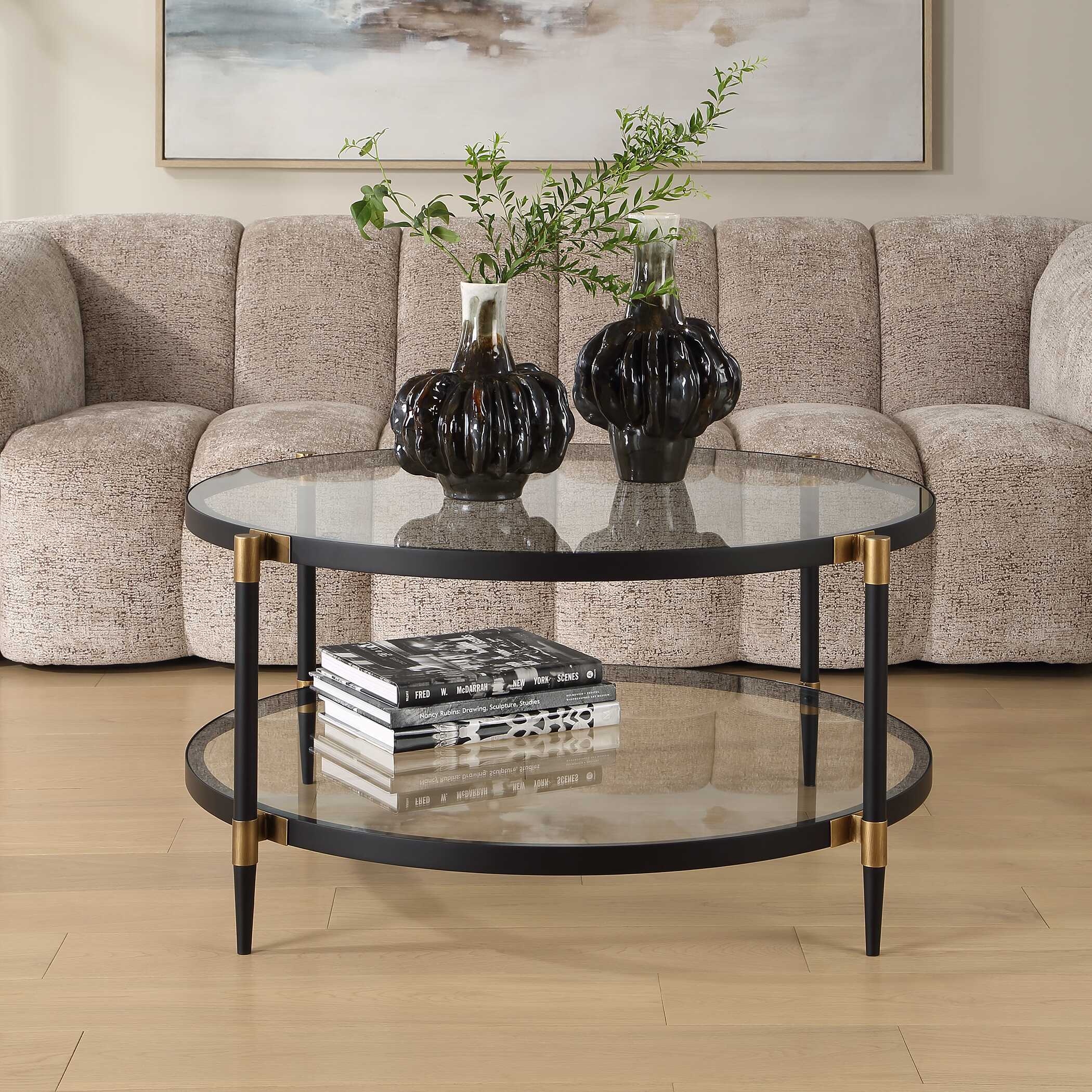 Chadid Round Glass Coffee Table, Furniture by Uttermost, 39" width x 18.25" height x 39" depth View 3