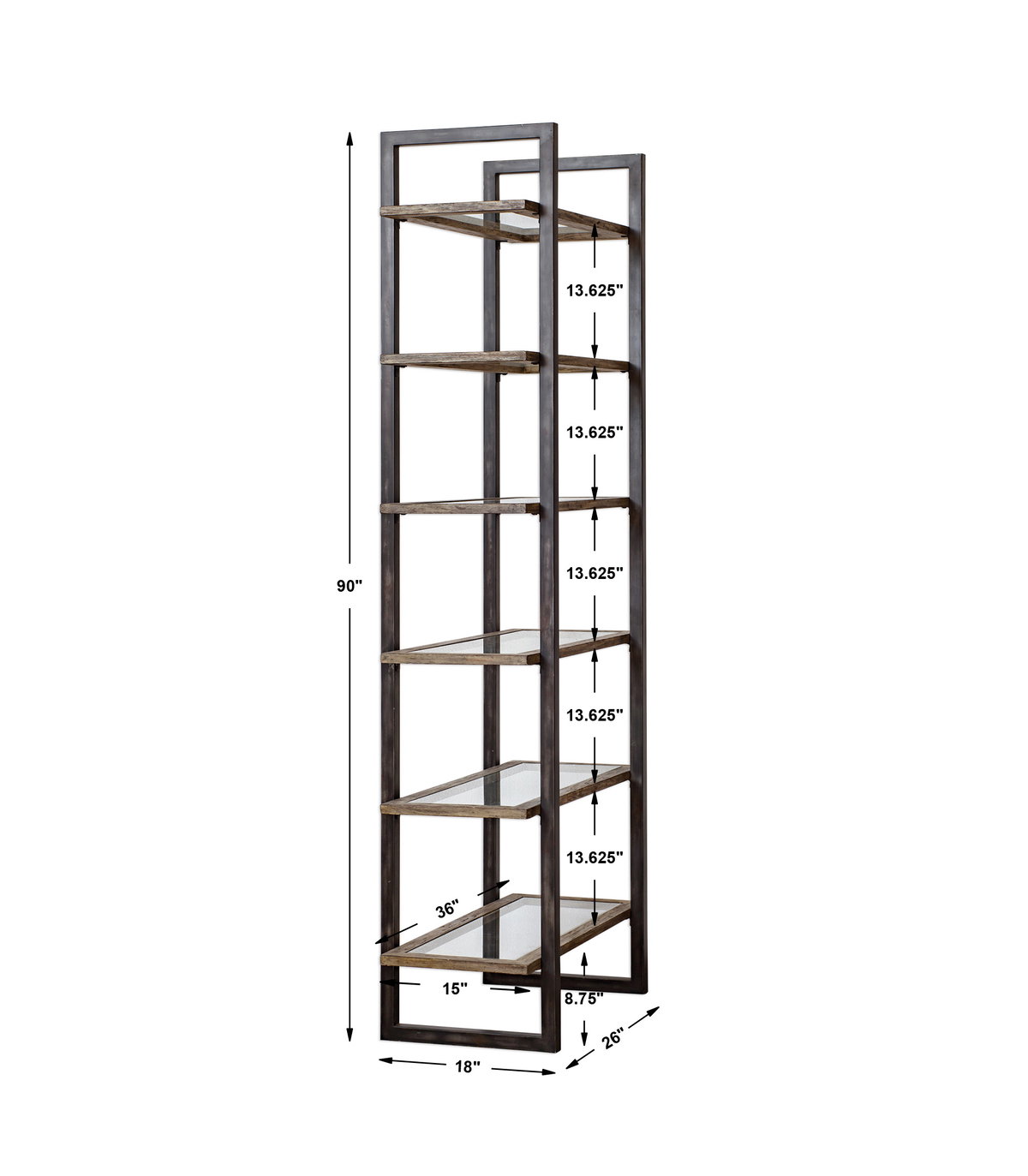 Olwyn Industrial Etagere, Shelving & Bookcase by Uttermost, 36" width x 90" height x 18" depth View 3