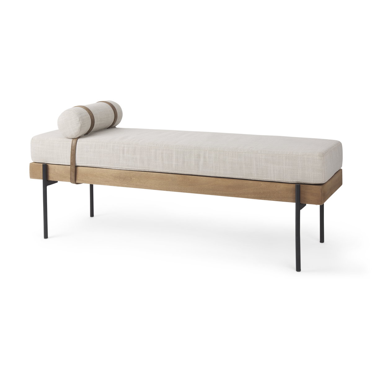 Colburne Cream Fabric with Brown Wood Bench, Benche by Mercana, 55.12" length x 16.14" width x 13.39" height View 1