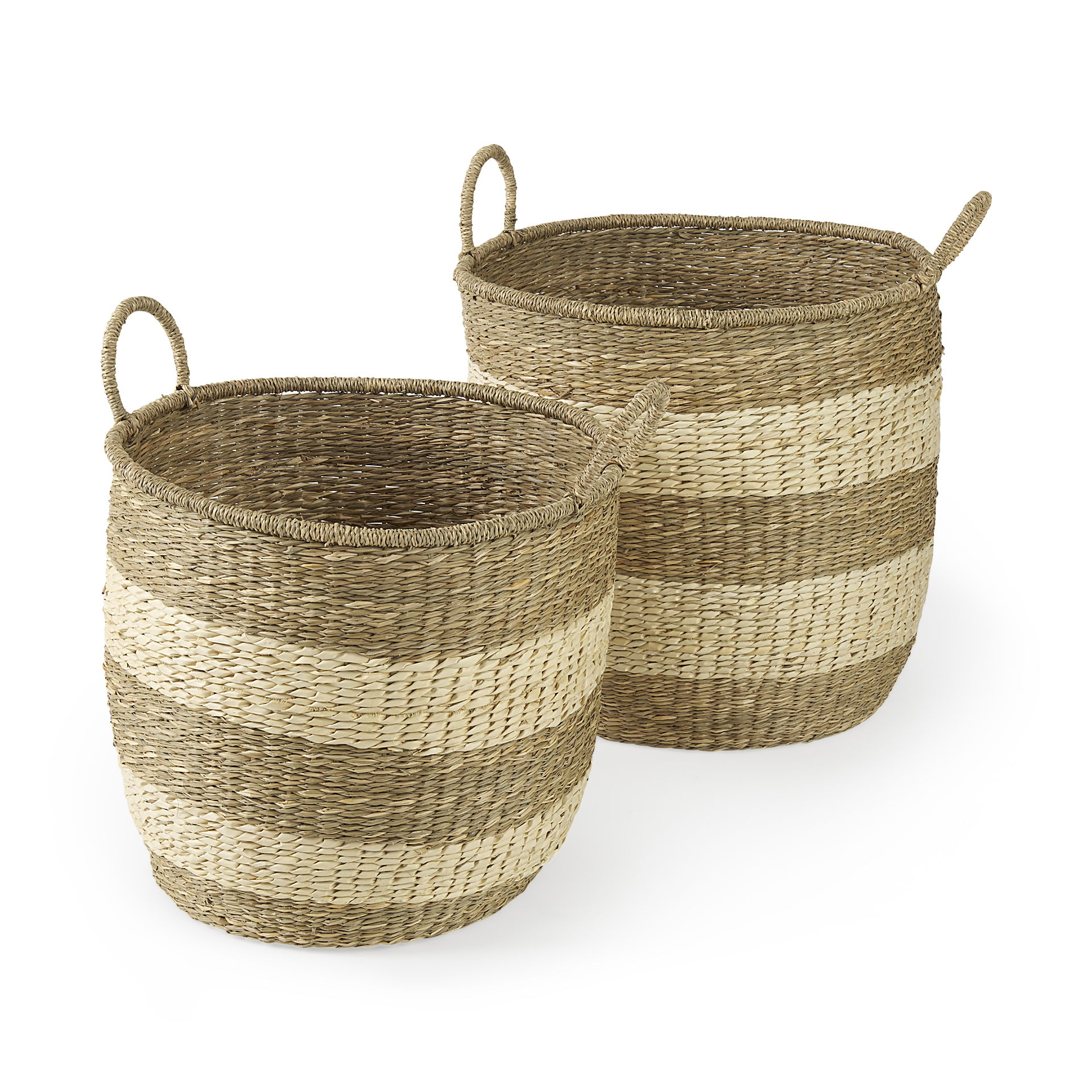 Bradley (Set of 2) Light Brown with Striped Seagrass Basket with Handles, Bins & Basket by Mercana, 18.11" length x 18.11" width x 16.14" height View 1