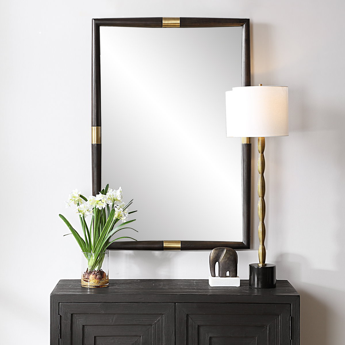 Larkin Dark Wood & Brass Mirror, by Uttermost, 29.75" width x 43.5" height x 2" depth View 2