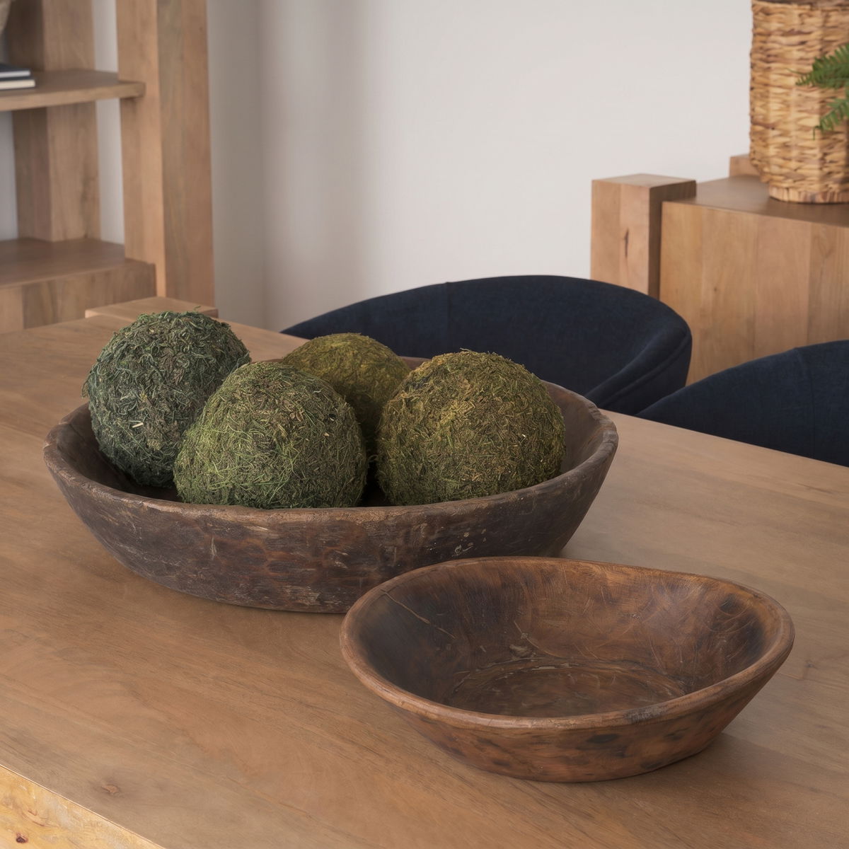 Nikita Set of 2 Large Medium Brown Reclaimed Wood Bowls, Decorative Bowl by Mercana, 17.25" length x 18.25" width x 4.5" height View 2