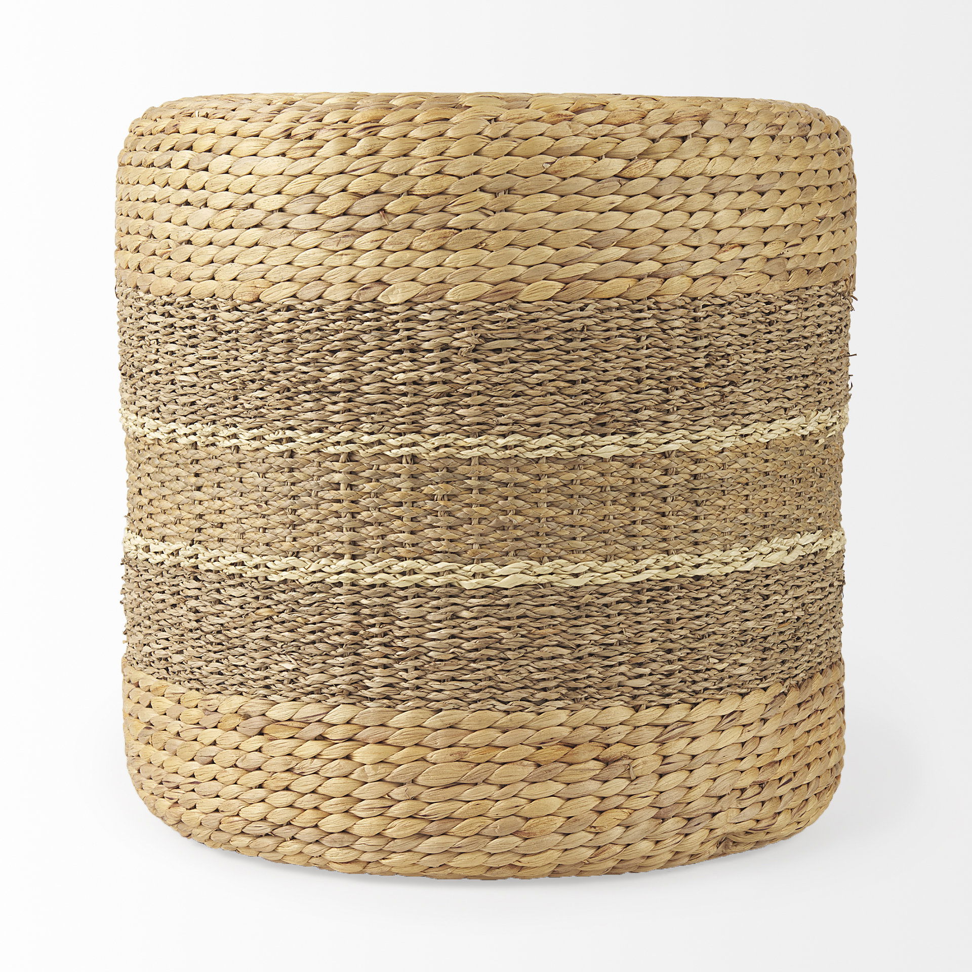 Maya  Light Brown with Medium Brown Stripes Seagrass Round Pouf, Ottoman by Mercana, 17.72" length x 17.72" width x 17.72" height View 3