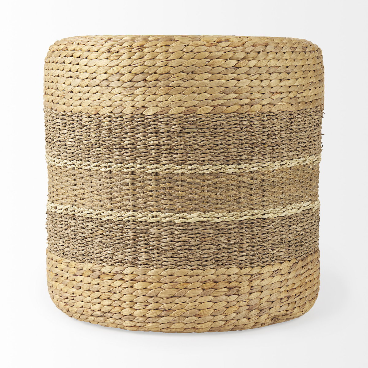 Maya  Light Brown with Medium Brown Stripes Seagrass Round Pouf, Ottoman by Mercana, 17.72" length x 17.72" width x 17.72" height View 3