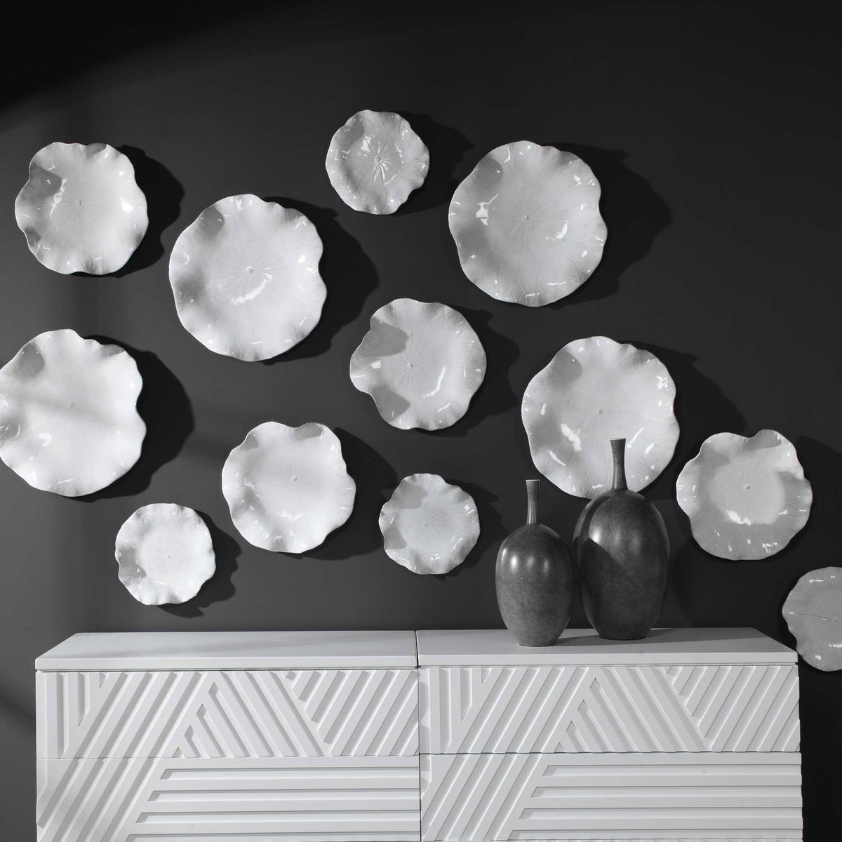 Abella Ceramic Wall Decor Set/3 White, Sculptural Wall Art by Uttermost, 17.87" width x 17.87" height x 3.87" depth View 6