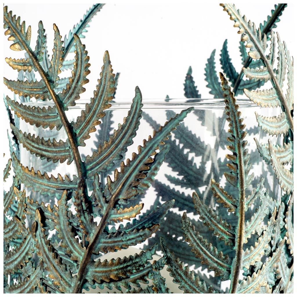Palen II Large Green/Gold Metal Fern Leaf Table Candle Holder, Candles & Candle Holder by Mercana, 6.7" length x 6.7" width x 10.98" height View 3