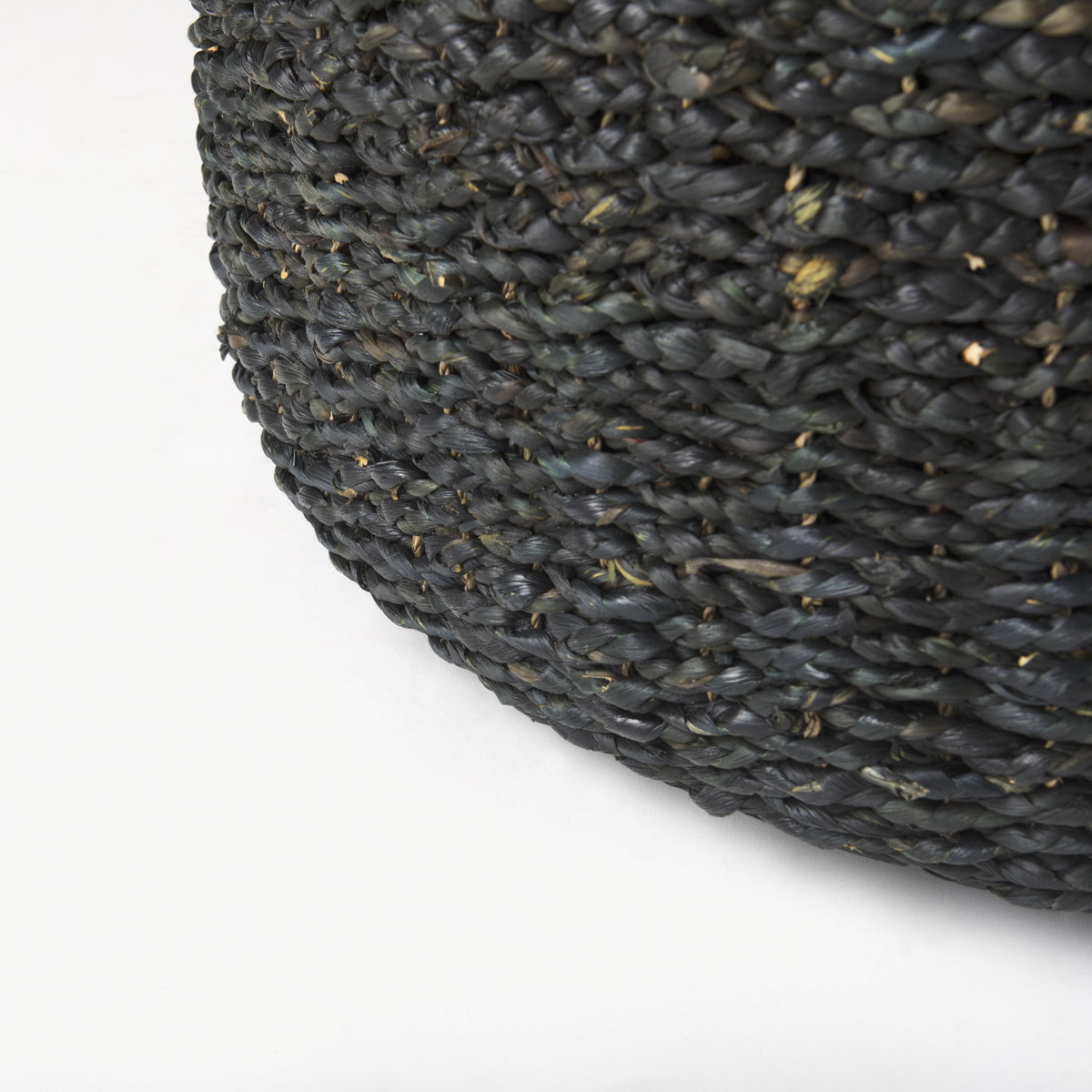 Dina 75L x 75W x 45H Black Cornhusk and Water Hyacinth Round Coffee Table Pouf, Ottoman by Mercana, 29.53" length x 29.53" width x 15.75" height View 8