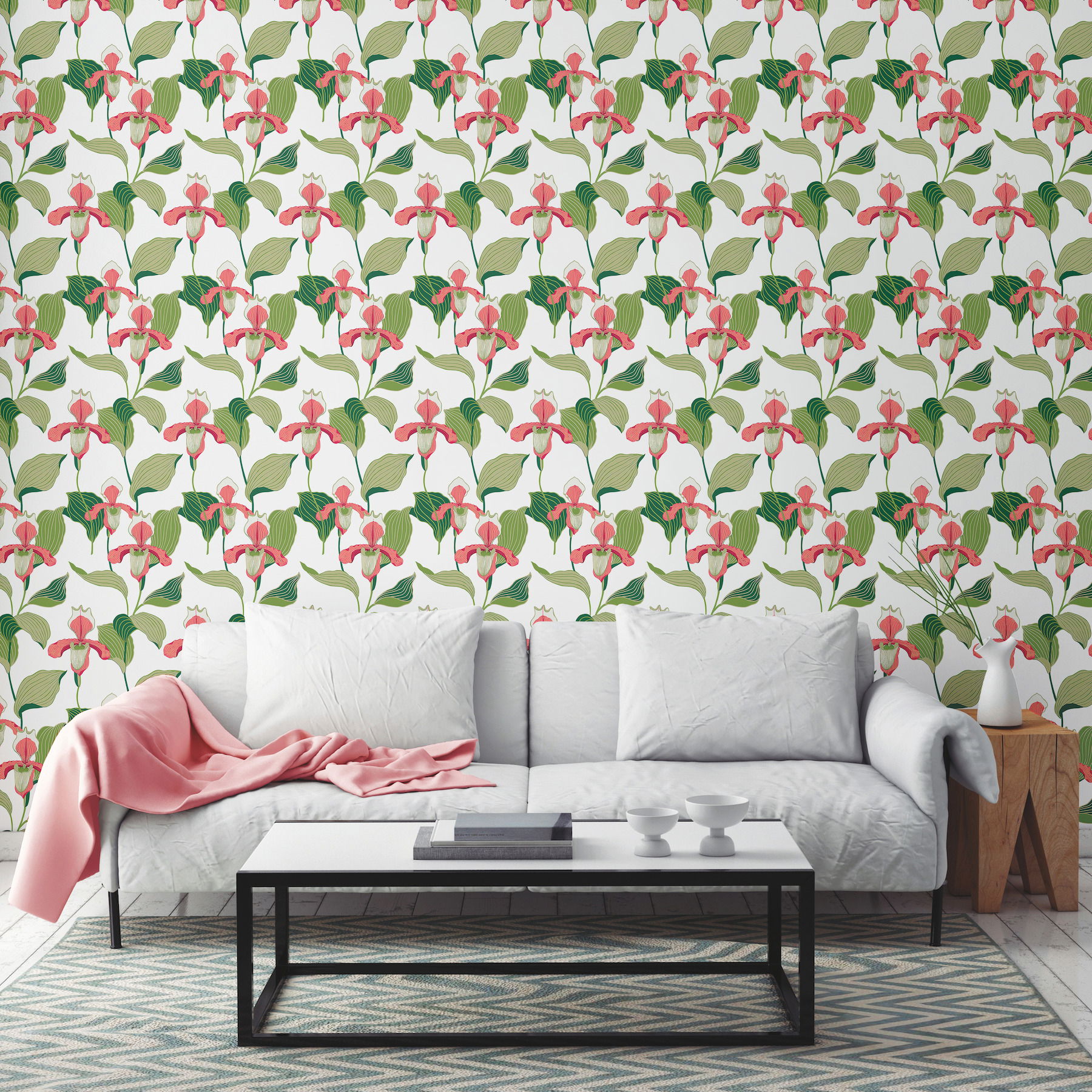 Coral & Green Lady Slipper Wallpaper large image 