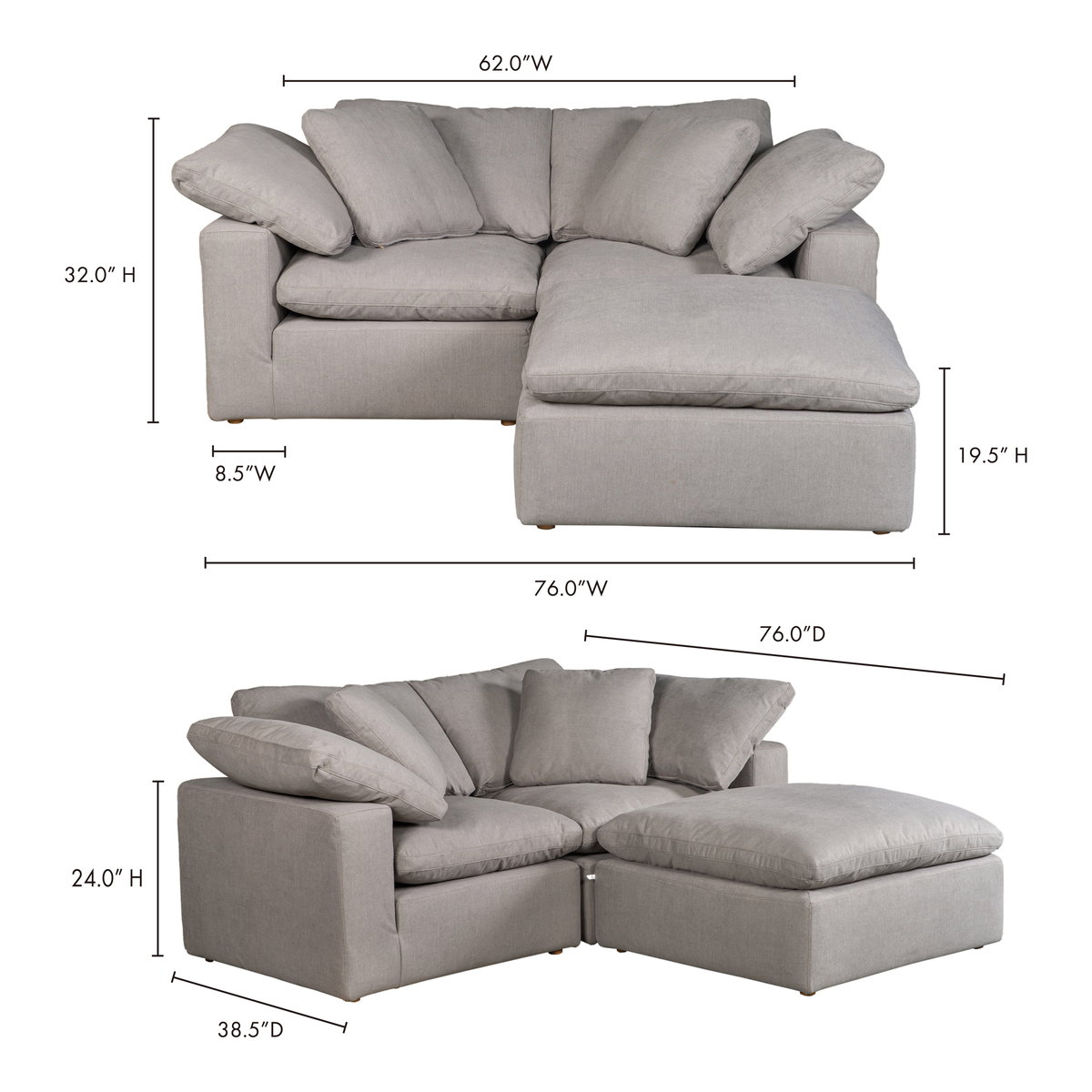Terra Condo Nook Modular Sectional Light Grey, Sectional Sofa by Moe's Home, 76" width x 32" height x 76" depth View 5