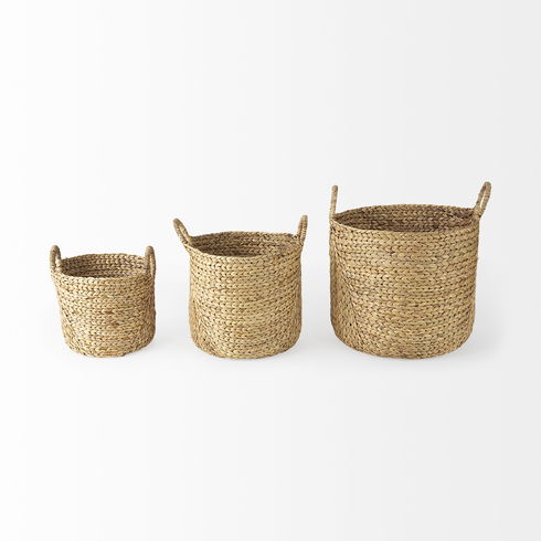 Sivan (Set of 3) Light Brown Water Hyacinth Round Basket with Handles