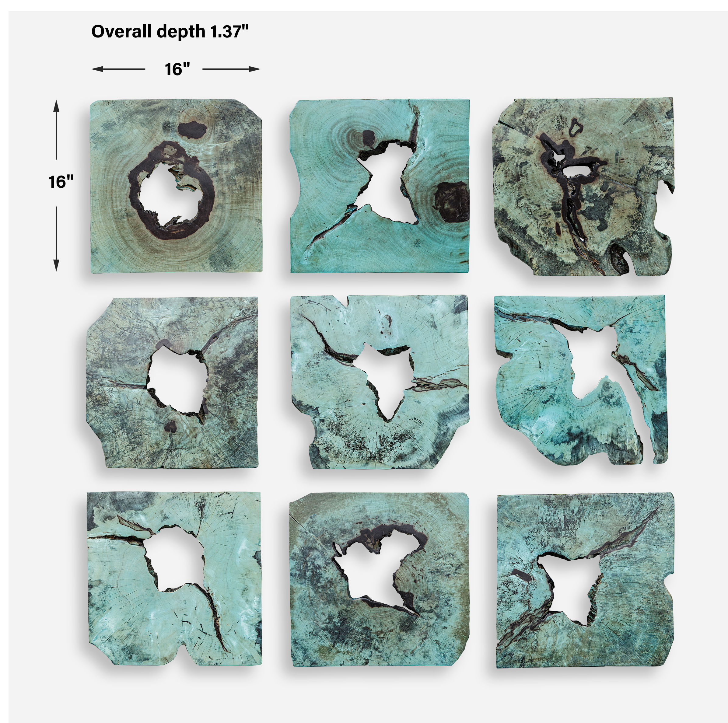 Bahati Wood Wall Décor In Blue Set/9, Sculptural Wall Art by Uttermost, 16" width x 16" height x 1.37" depth View 3