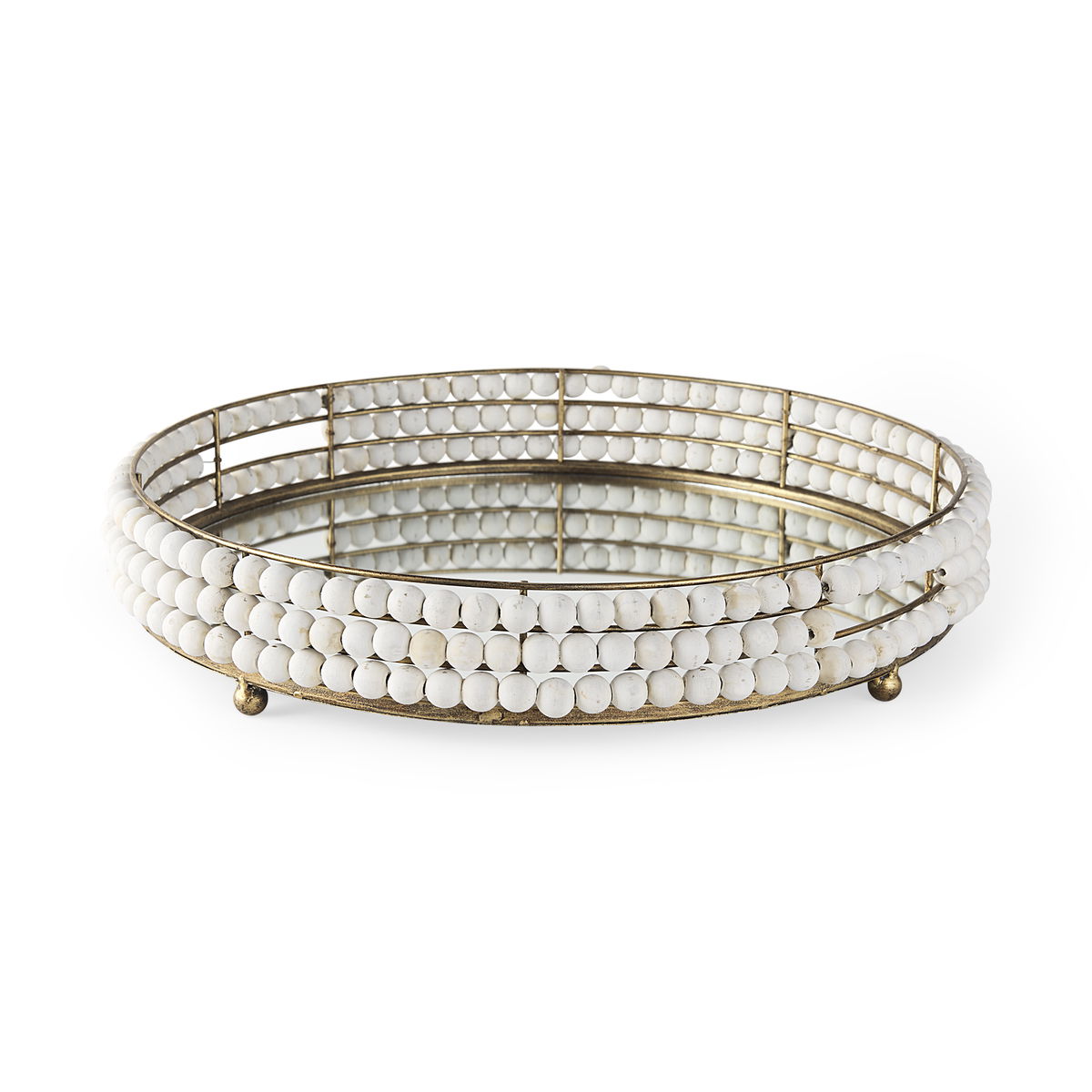 Decatur I 21L x 21W White Wooden Bead Mirrored Bottom Round Tray, Decorative Tray by Mercana, 21.26" length x 21.26" width x 3.94" height View 1