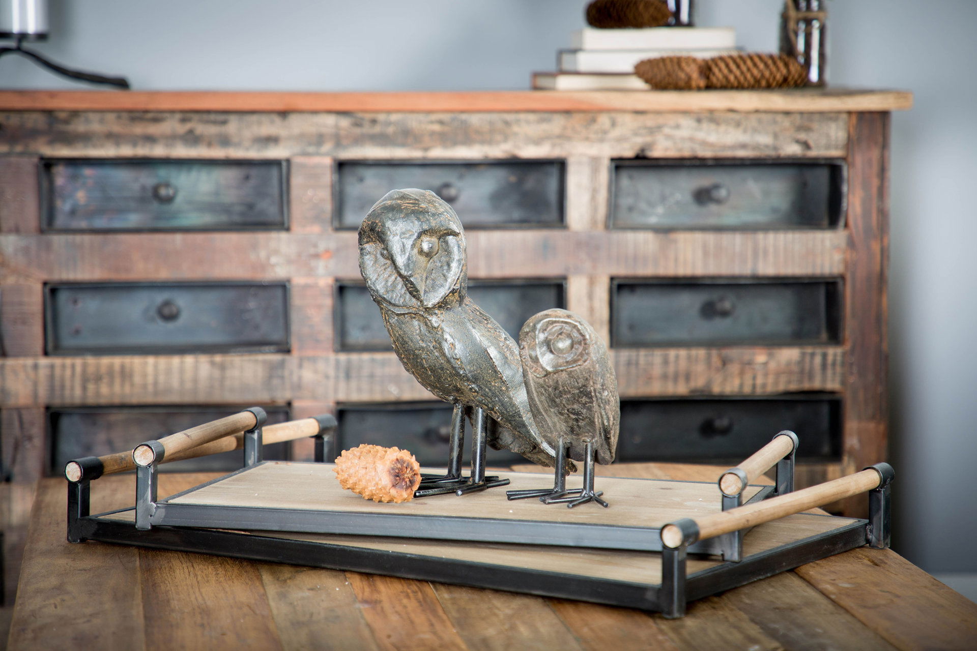 Benson Set of 2 Brown Wood Black Metal Trays, Decorative Tray by Mercana, 26" length x 15.75" width x 3.15" height View 2