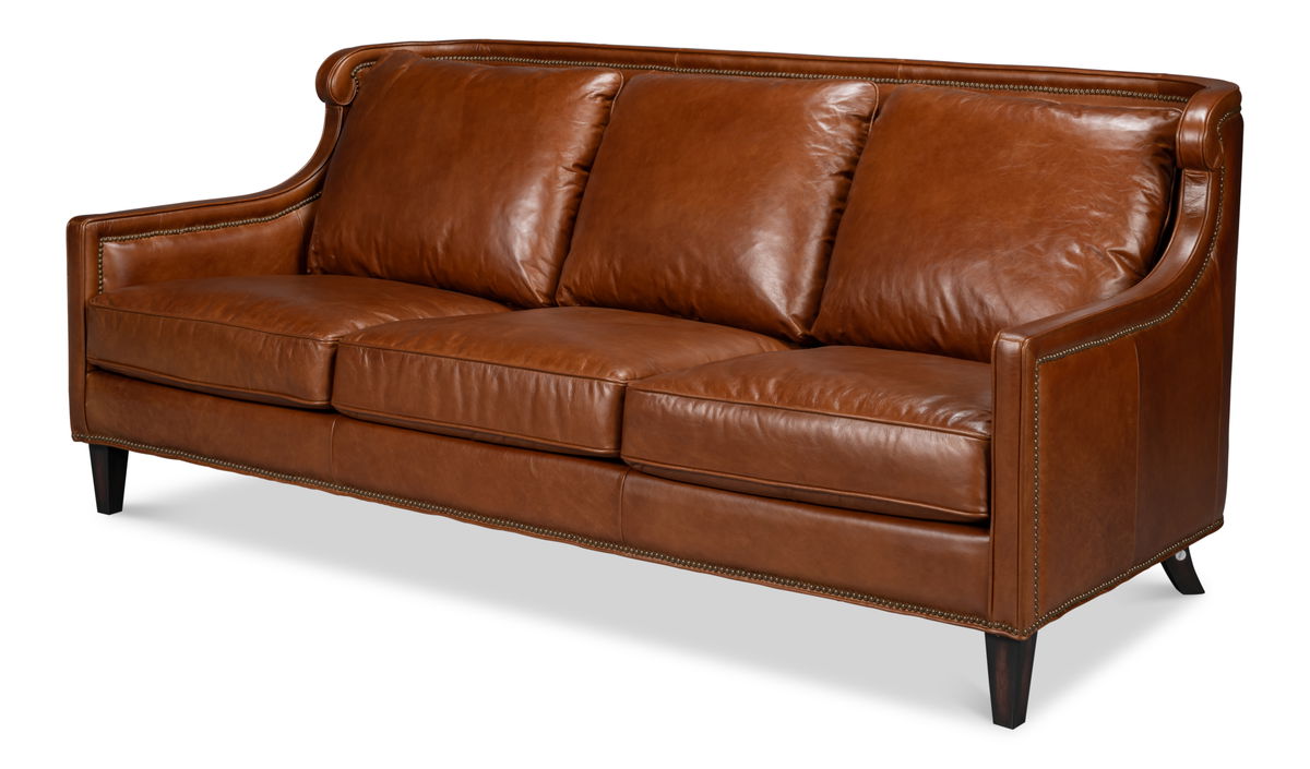 Philipe Distilled Leather Sofa Brown, by Sarreid, 7' width x 3' height View 1