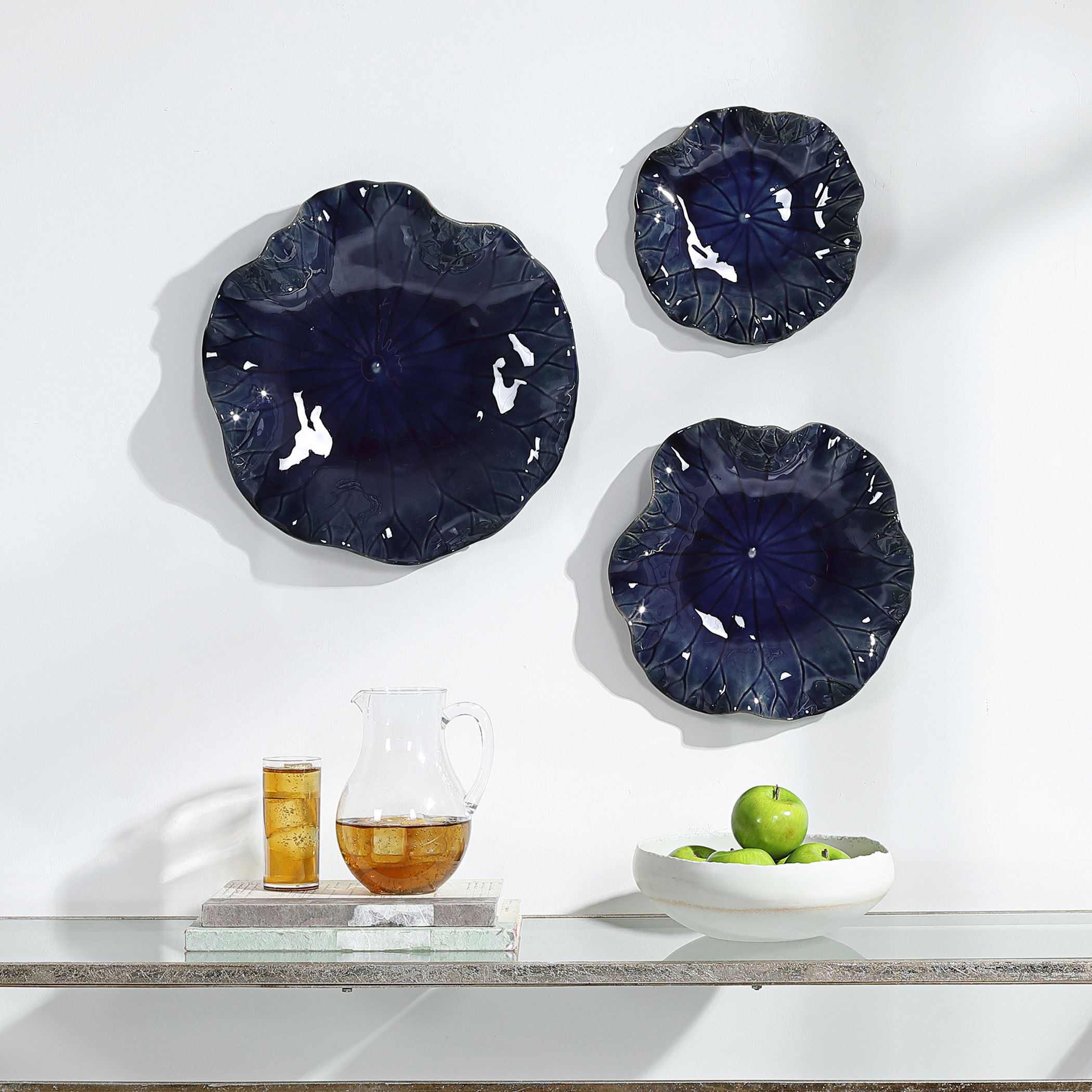 Abella Blue Ceramic Wall Decor Set/3, Sculptural Wall Art by Uttermost, 17.87" width x 17.87" height x 3.87" depth View 6