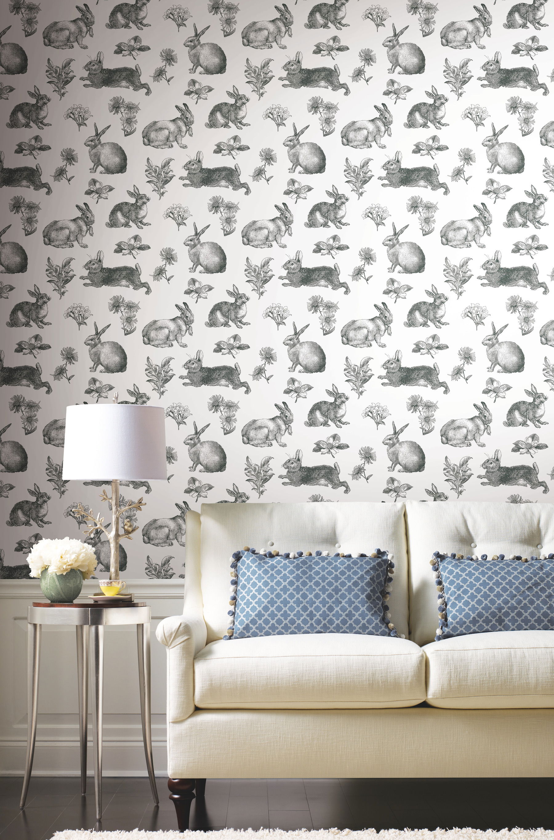 Bunny Toile Black & White Wallpaper, by York Wall, 33' length x 1'8.5" width x 0.02" depth View 3