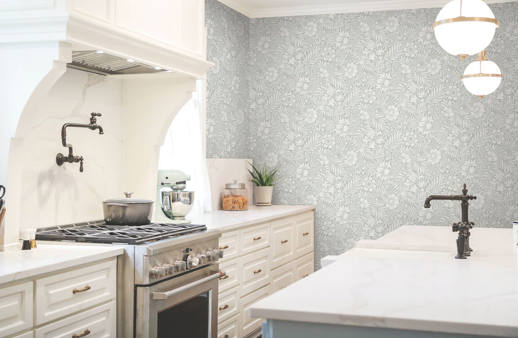 Modern Acanthus Vintage Duck Egg Peel & Stick Wallpaper large image 