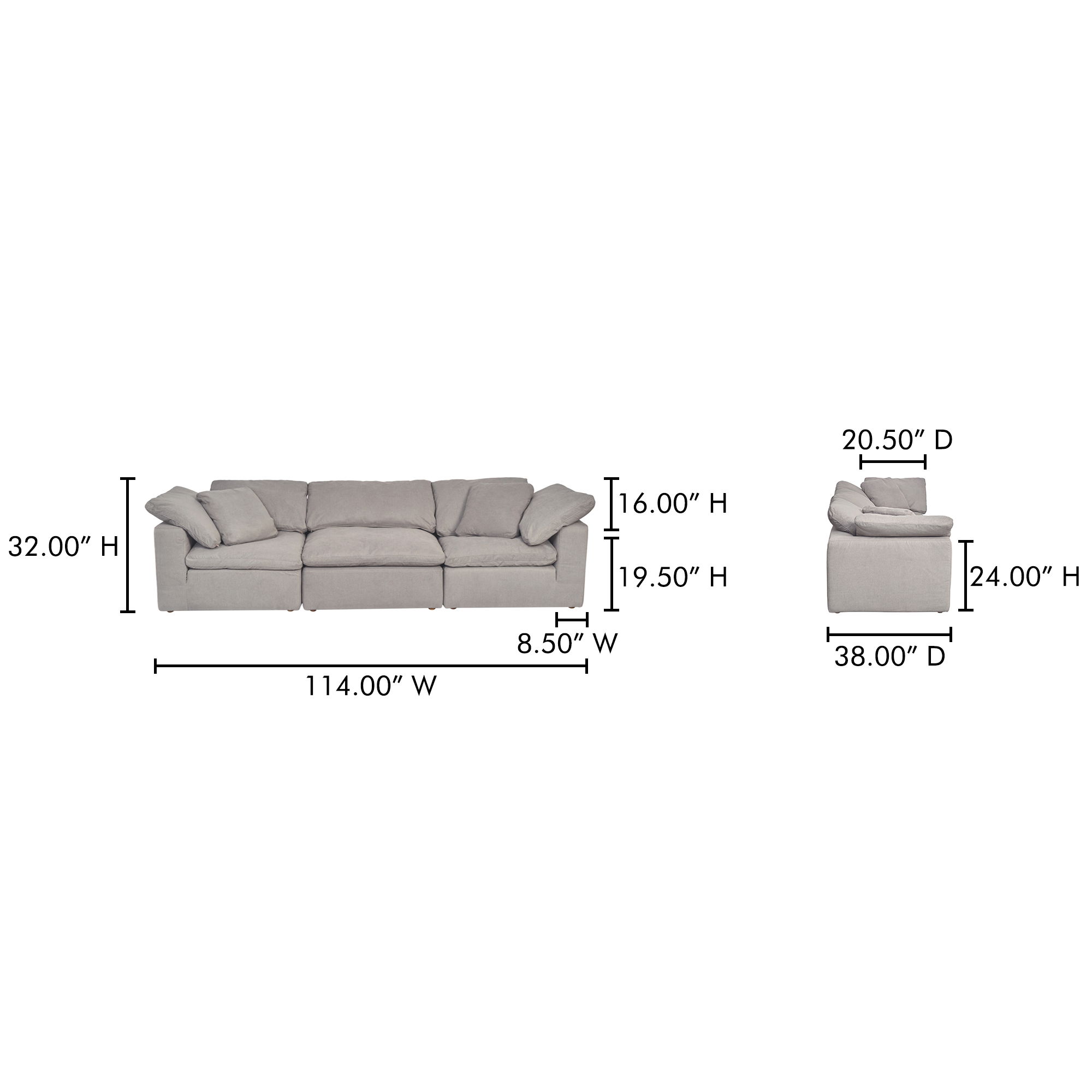 Terra Modular Sofa Light Grey, Sectional Sofa by Moe's Home, 114" width x 32" height x 38" depth View 7