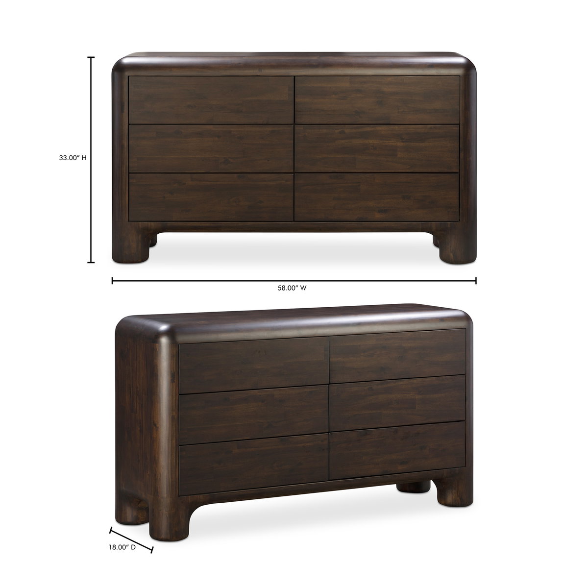 Rowan 6 Drawer Dresser Dark Brown, by Moe's Home, 58" width x 33" height x 18" depth View 13