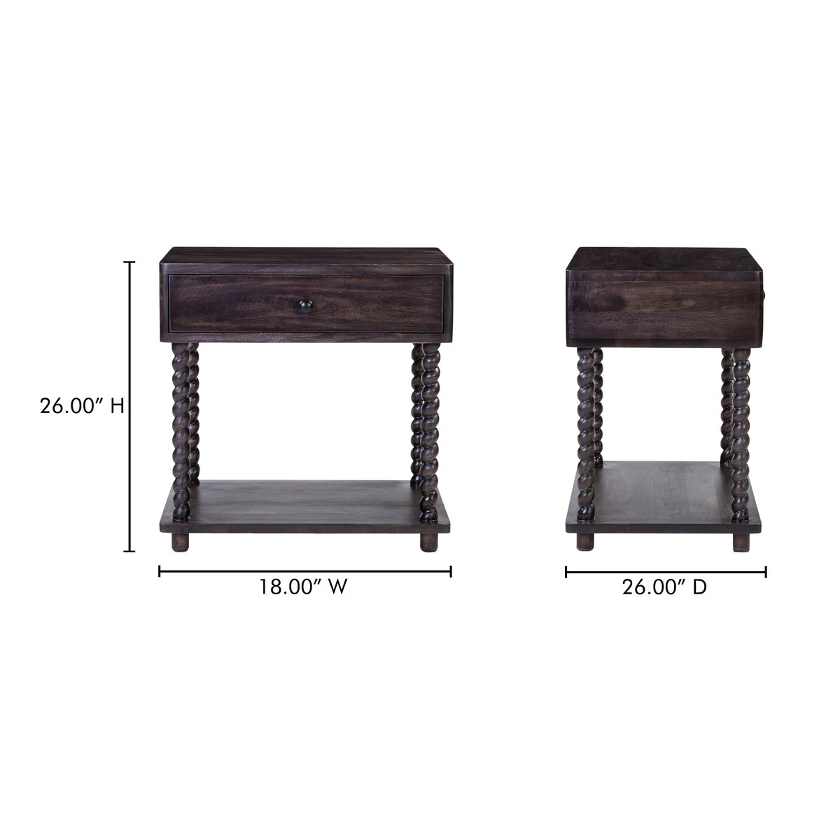 Tabitha Nightstand Dark Brown, by Moe's Home, 26" width x 26" height x 18" depth View 10