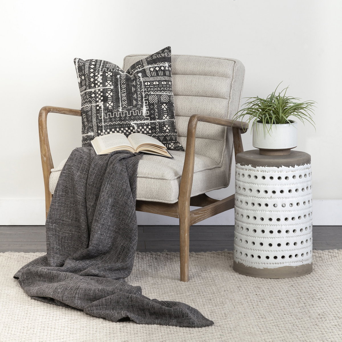 Ajax II Cream Fabric with Brown Wooden Frame Accent Chair, by Mercana, 27" length x 28" width x 30.5" height View 4
