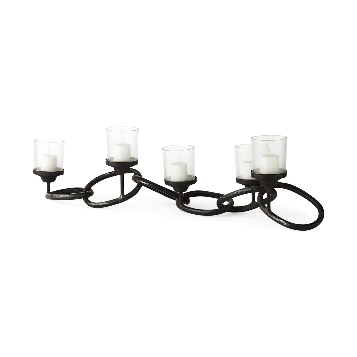 Quito Black Metal Chain-Link Five Candle Table Candle Holder, Candles & Candle Holder by Mercana, 7.68" length x 28" width x 4.69" height View 1