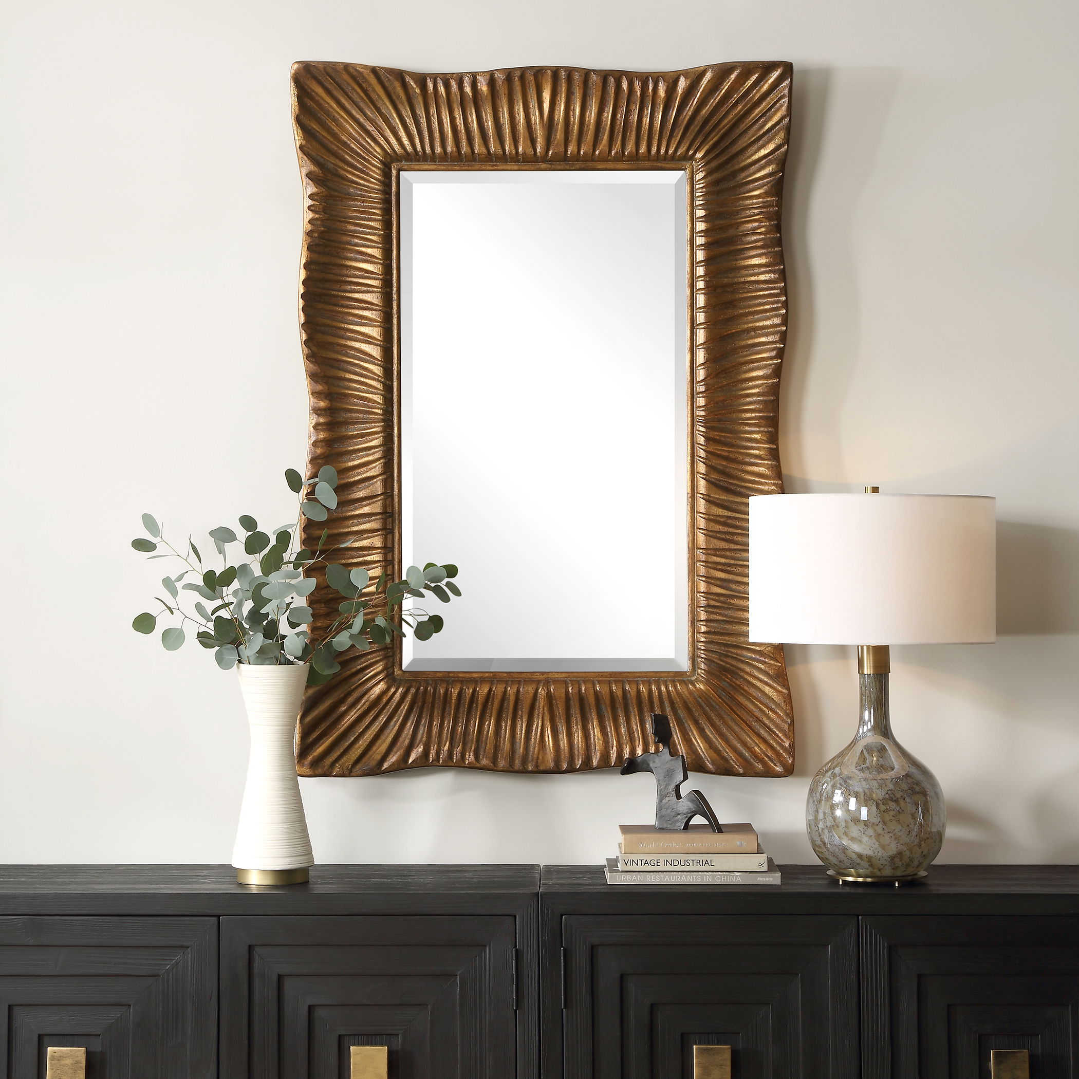 Emerson Scalloped Antique Gold Mirror, by Uttermost, 36.25" width x 51" height x 2.5" depth View 2