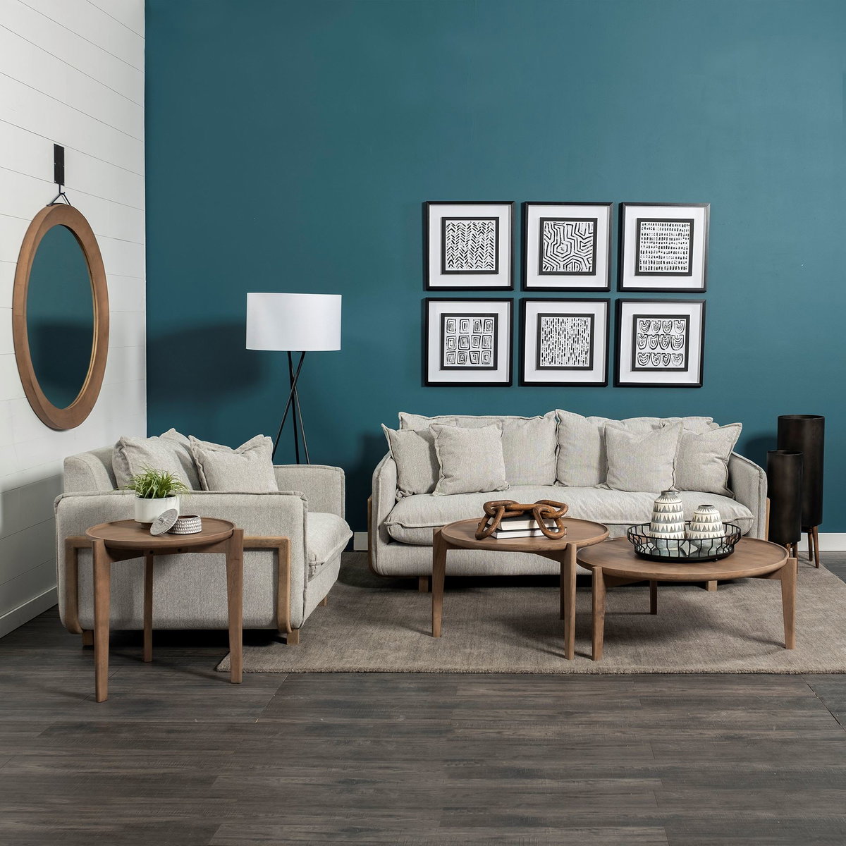 Roy II Frost Gray Upholstered and Brown Wood Frame Arm Chair, Accent Chair by Mercana, 43.31" length x 41.73" width x 33.07" height View 2