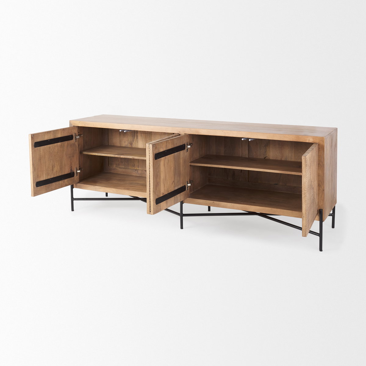 Cairo 78x19 Brown Solid Wood Black Metal Base 4 Door Cabinet Sideboard, Sideboards & Buffet by Mercana, 78" length x 19.5" width x 28" height View 8