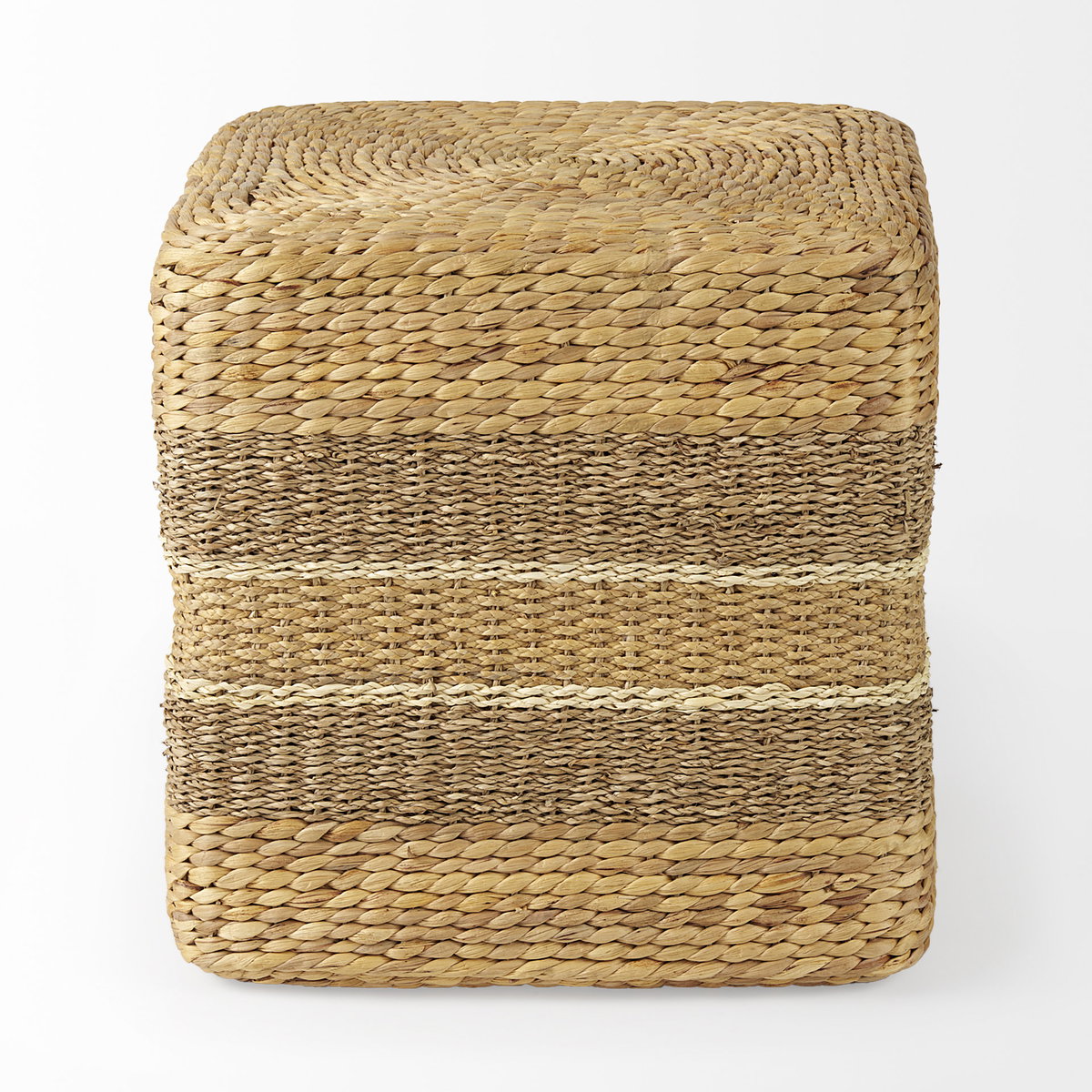 Maya  Light Brown with Medium Brown Stripes Seagrass Square Pouf, Ottoman by Mercana, 17.72" length x 17.72" width x 17.72" height View 3