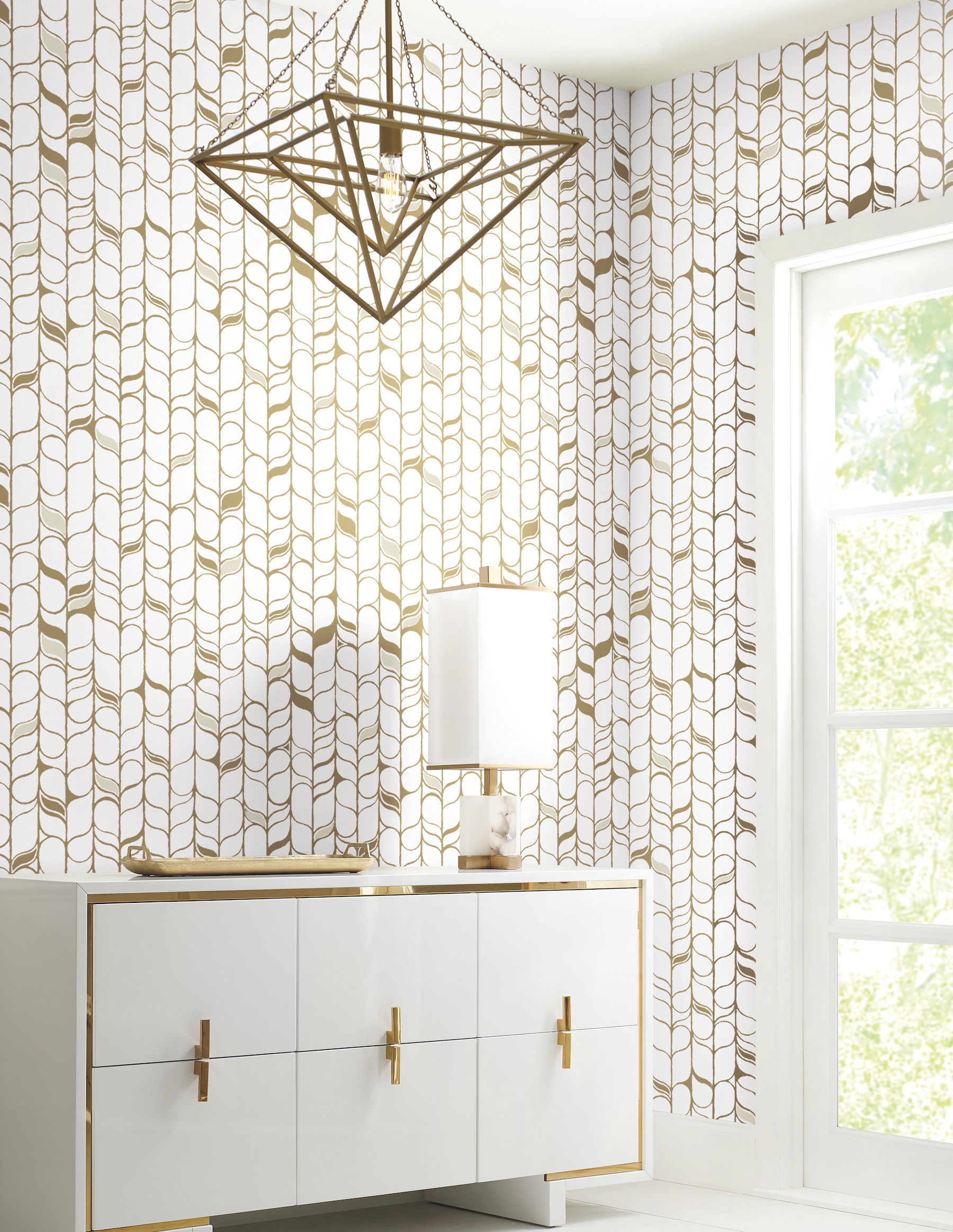 Perfect Petals White & Gold Wallpaper, by York Wall, 32'9.48" length x 1'8.8" width x 0.02" depth View 2