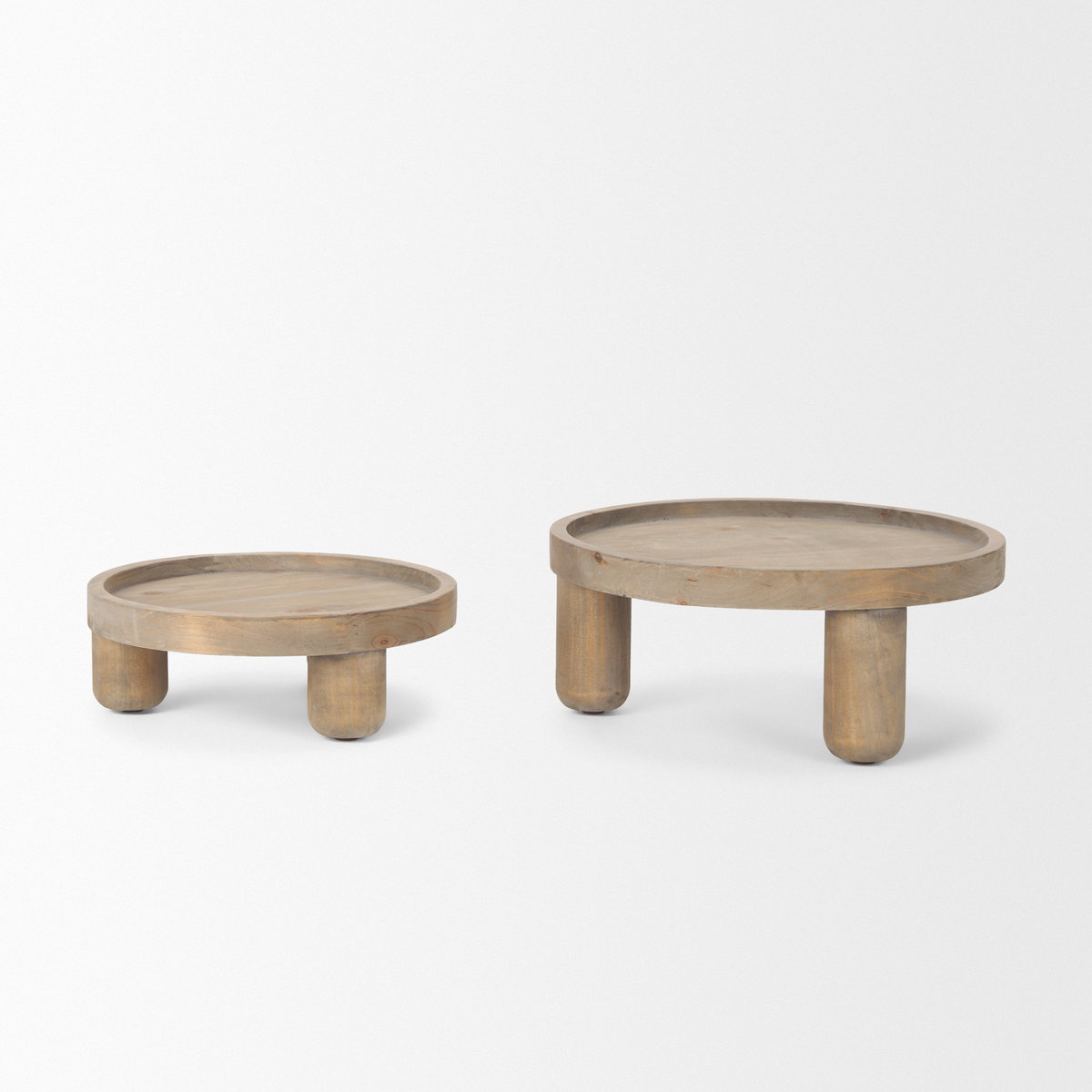 Virve Round Light Brown Wood with Gray Wash Wooden Trays, Decorative Tray by Mercana, 13.25" length x 13.25" width x 5.75" height View 3