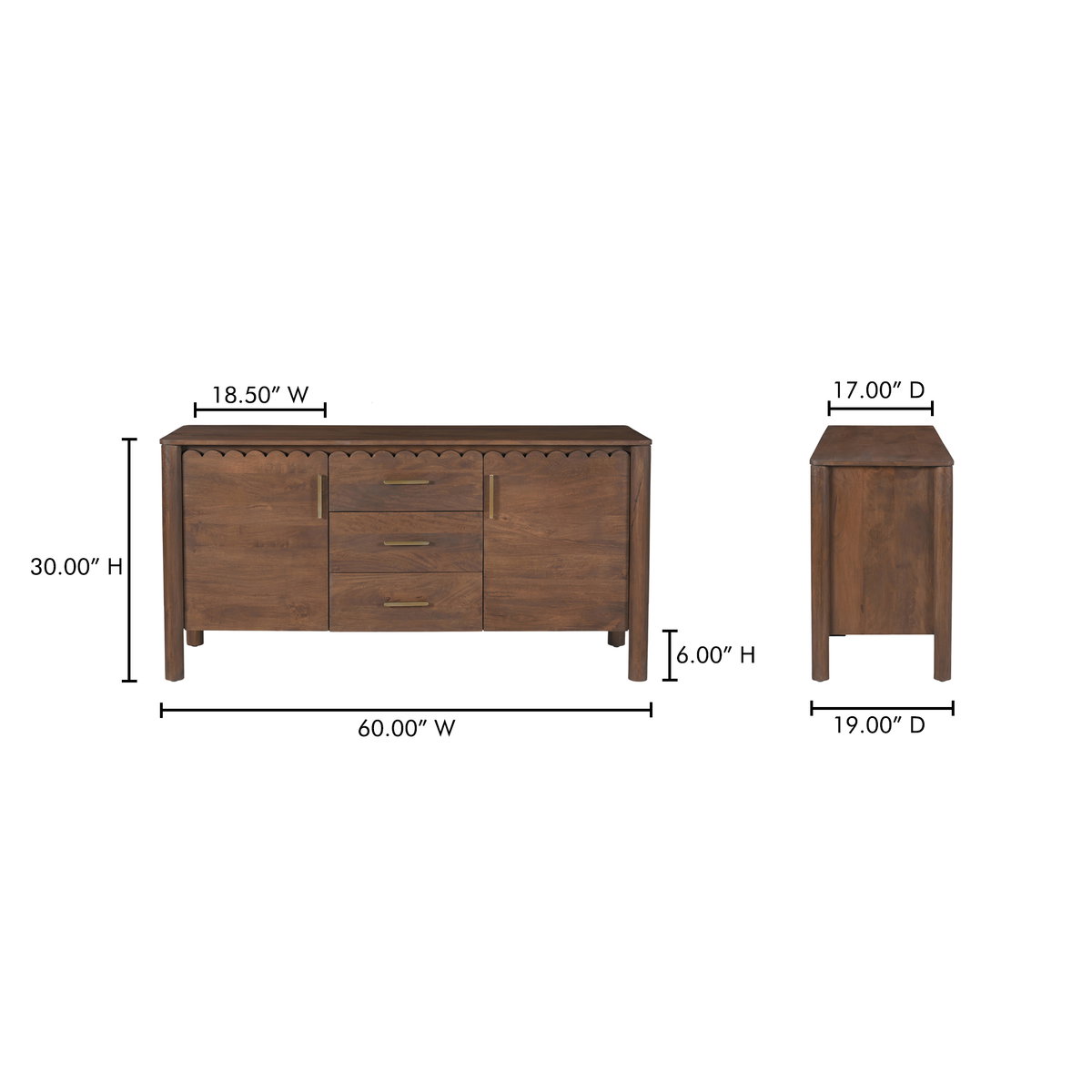 Wiley 3 Drawer Sideboard Vintage Brown, Cabinets & Sideboard by Moe's Home, 60" width x 30" height x 19" depth View 14
