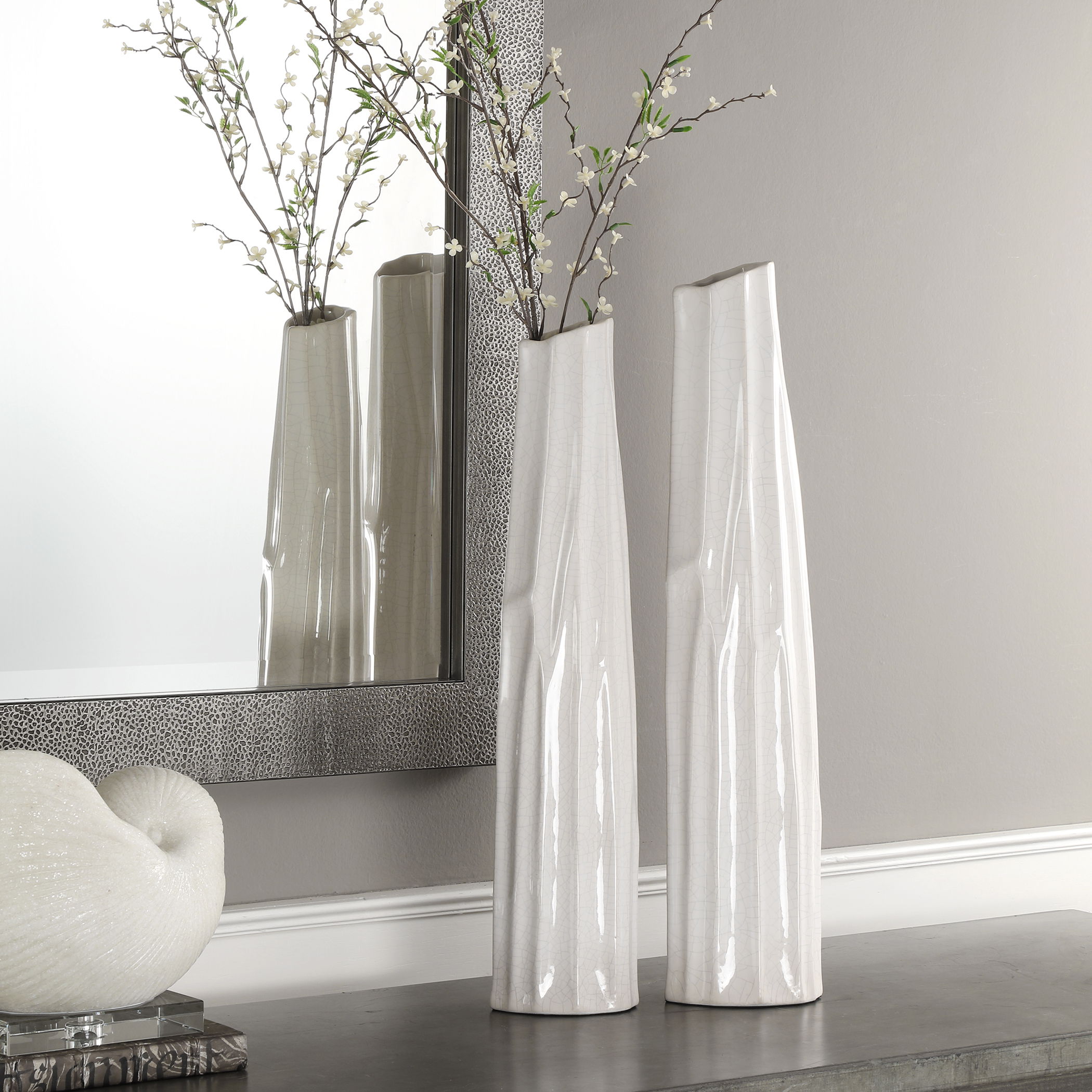 Kenley Crackled White Vases Set/2, Decorative by Uttermost, 5.25" width x 24.5" height x 3.87" depth View 2