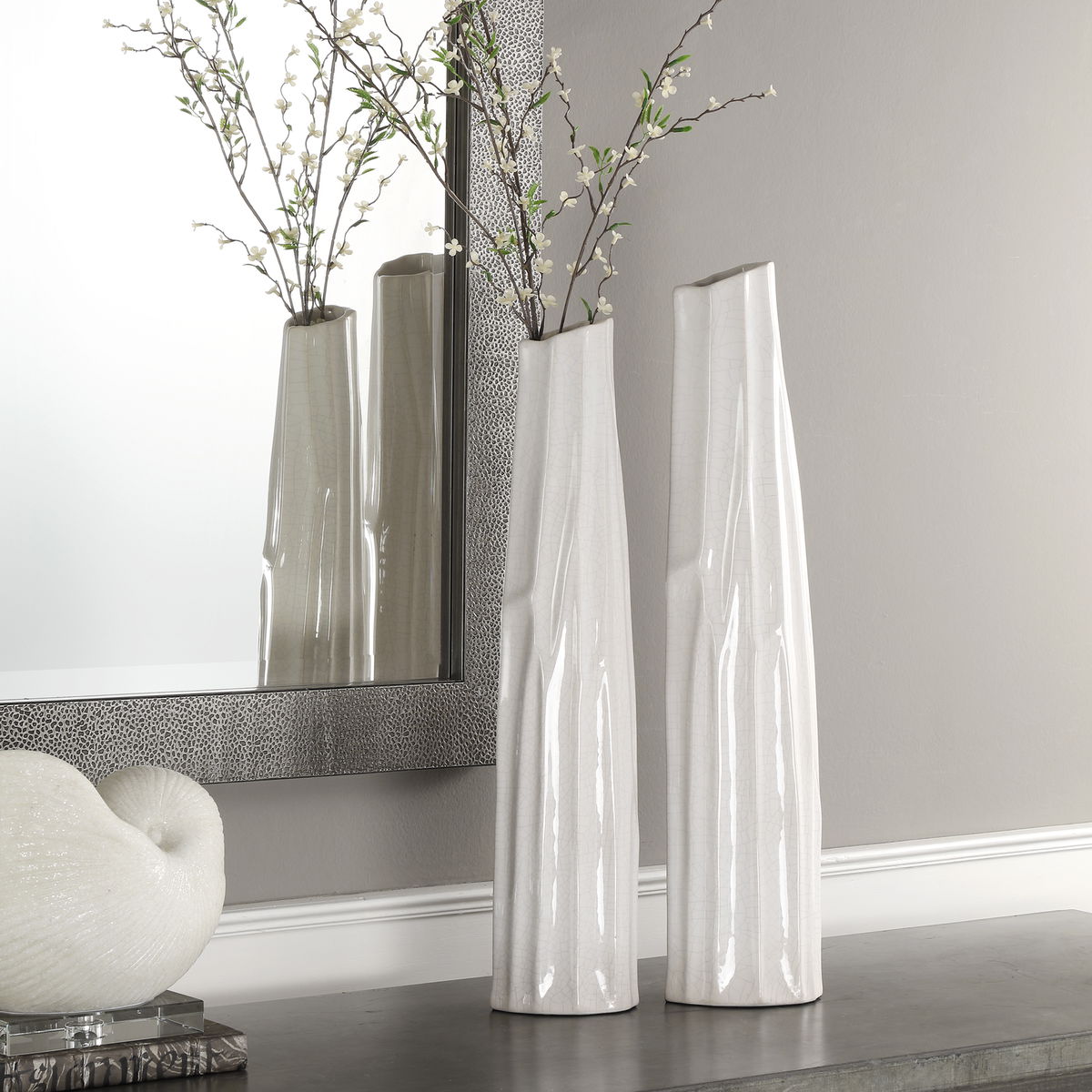 Kenley Crackled White Vases Set/2, by Uttermost, 5.25" width x 24.5" height x 3.87" depth View 2