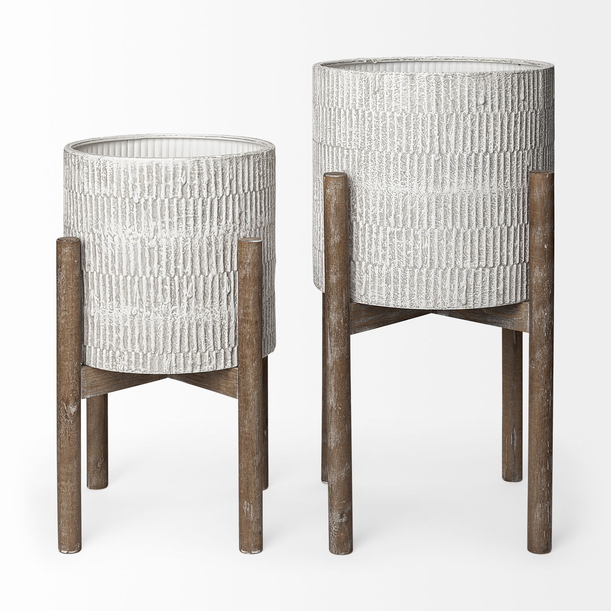 Groot Set of Two 11.8 x 23  Eggshell Ceramic Wooden Base Plant Stands, Planter by Mercana, 15" length x 15" width x 23" height View 4