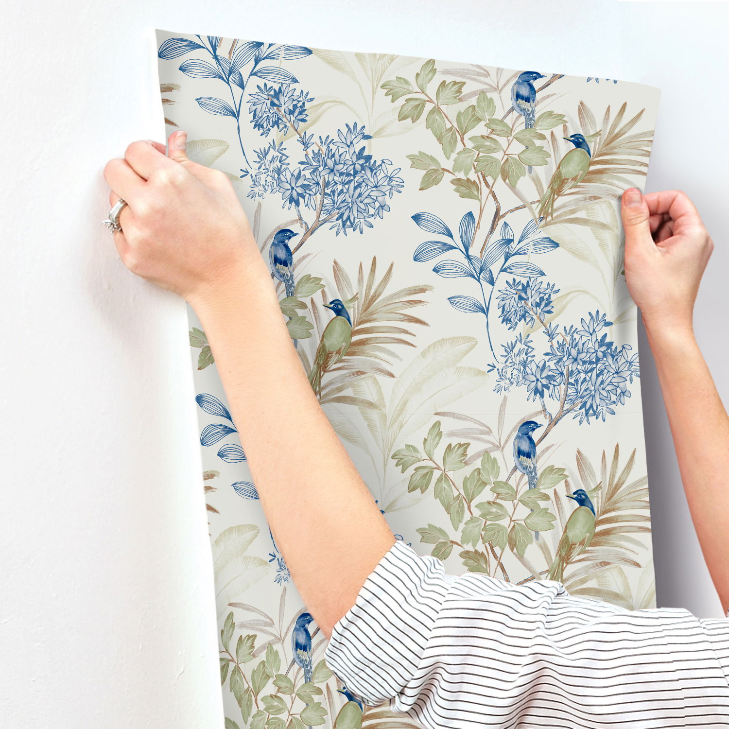 Handpainted Songbird Green & Blue Wallpaper large image 