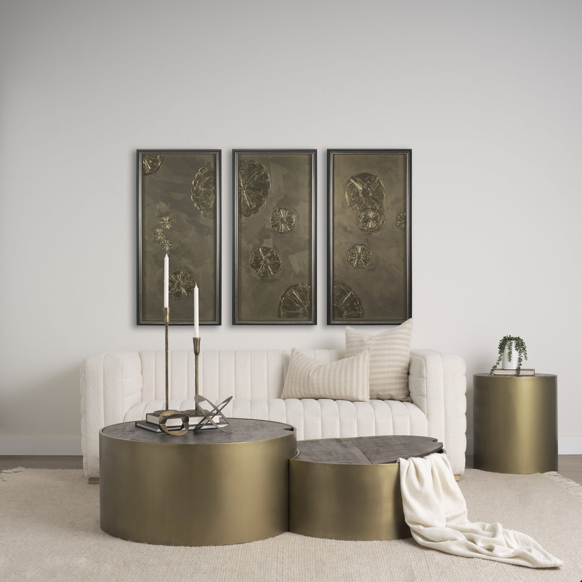 Eclipse Antique Brass Metal Drum Base with Dark Brown Wood Top Nested Coffee Table, by Mercana, 36.22" length x 36.22" width x 17.32" height View 2
