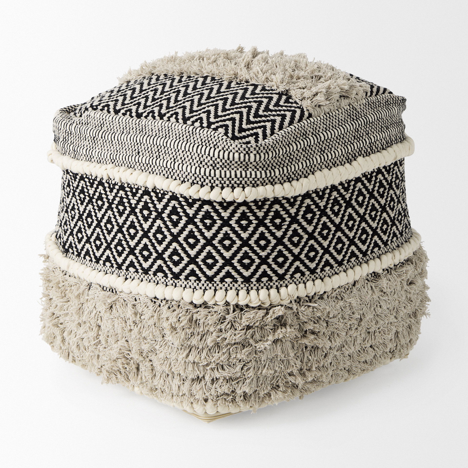 Darika  Black/White/Gray Cotton Pouf, Ottoman by Mercana, 16" length x 16" width x 16" height View 5
