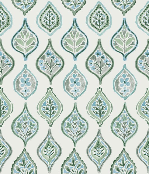 Marketplace Motif Pale Grey & Green Wallpaper