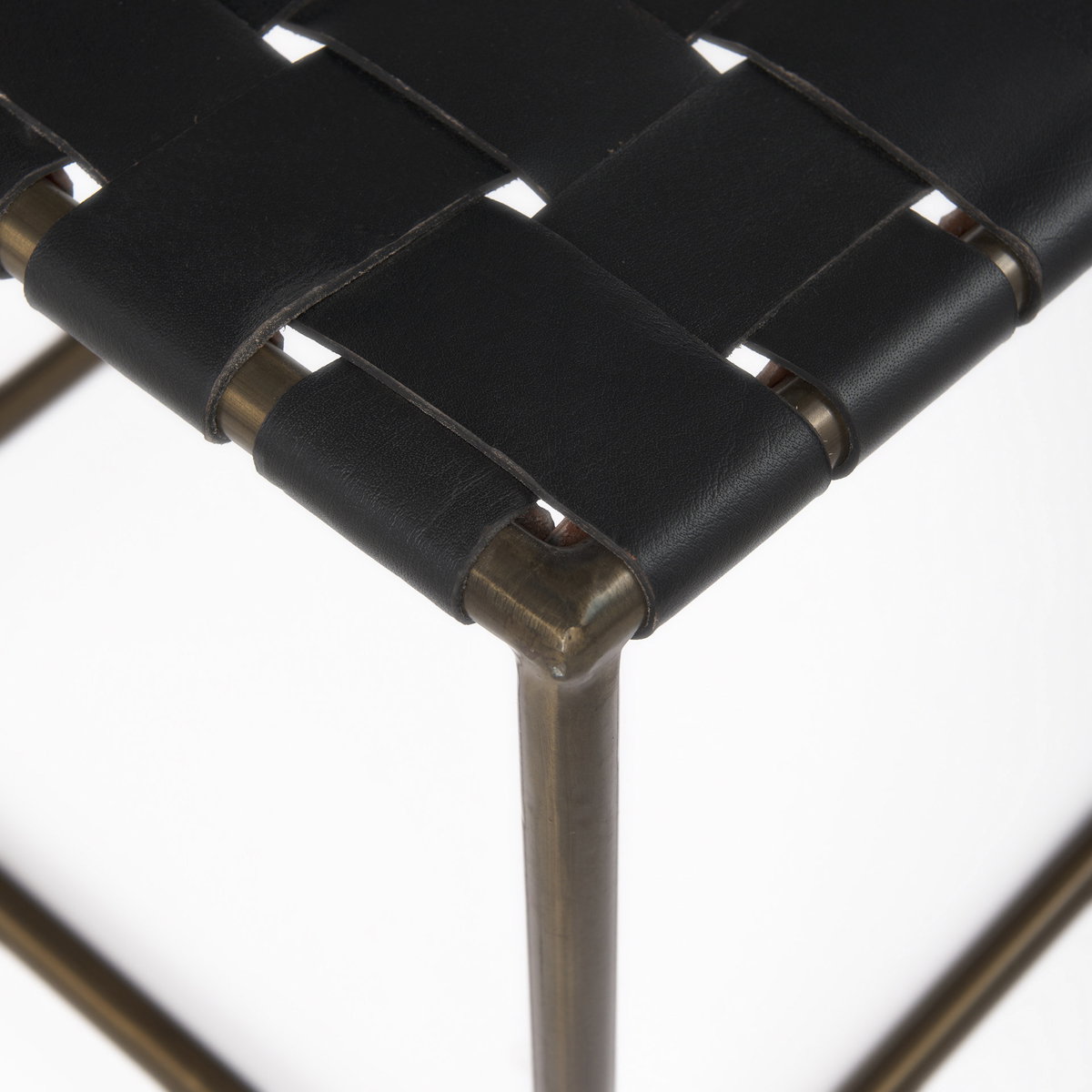 Clarissa 22.0L x 16.0W x 16.75H Black Leather Woven Seat with Gold Metal Frame Stool, Benche by Mercana, 22" length x 16" width x 16.5" height View 7