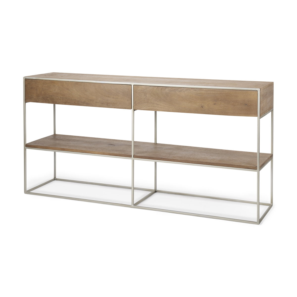 Morris I 63L x 15W x 31H Brown Wood with Silver Metal Frame 2 Drawer Console Table, by Mercana, 63" length x 15" width x 31" height View 1