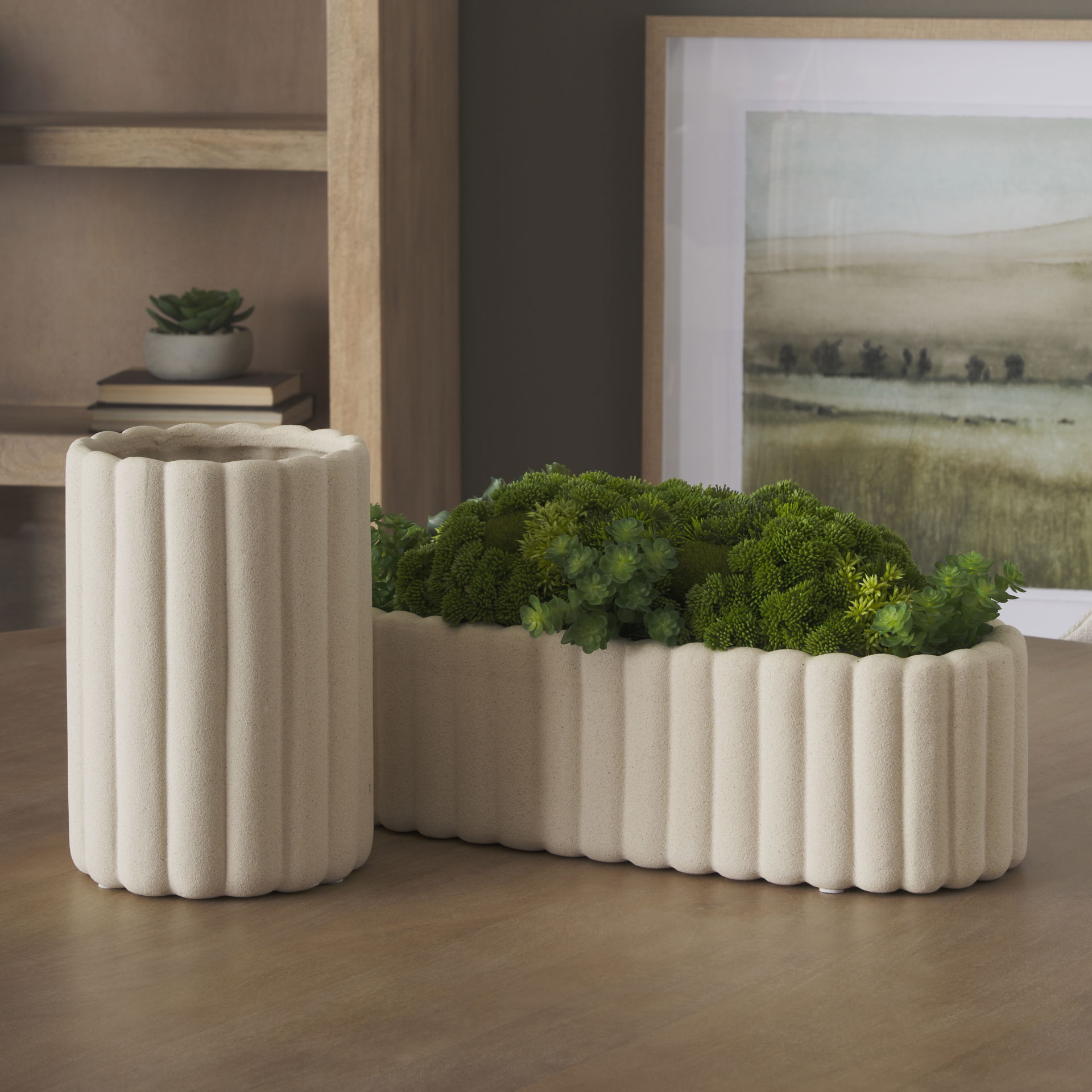 Mira Tall Textured Blush Beige Fluted Ceramic Vase large image 