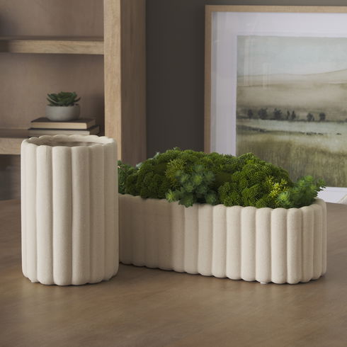 Mira Tall Textured Blush Beige Fluted Ceramic Vase