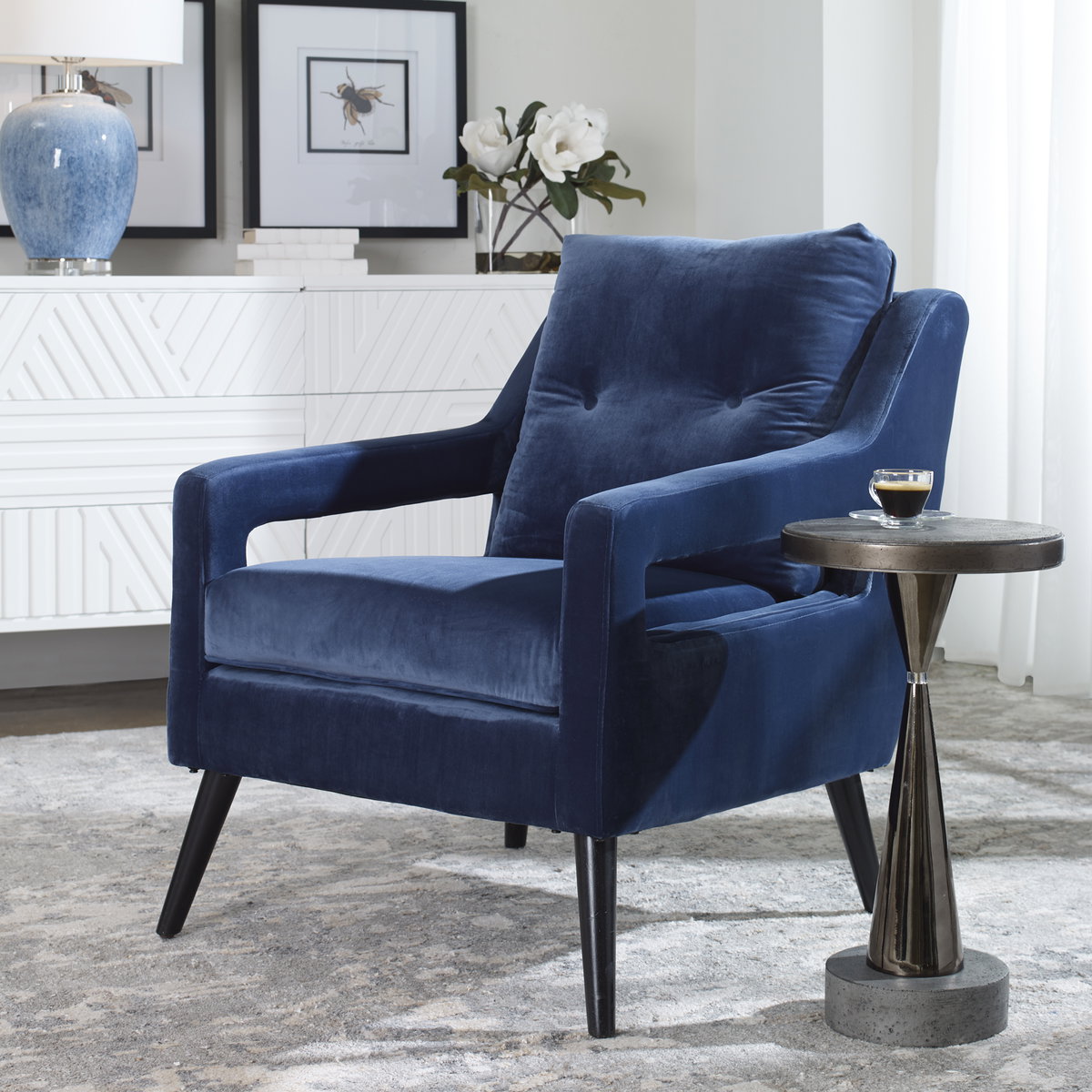O'Brien Blue Velvet Armchair, Furniture by Uttermost, 28" width x 34" height x 34" depth View 2