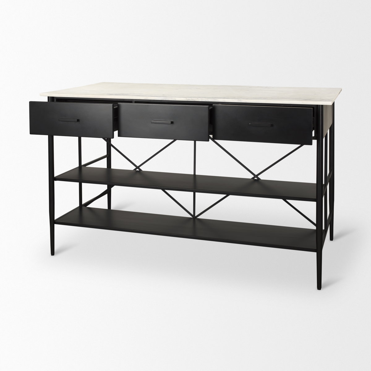 Amika White Marble Top Black Metal Base Kitchen Island, by Mercana, 62" length x 34" width x 36" height View 11
