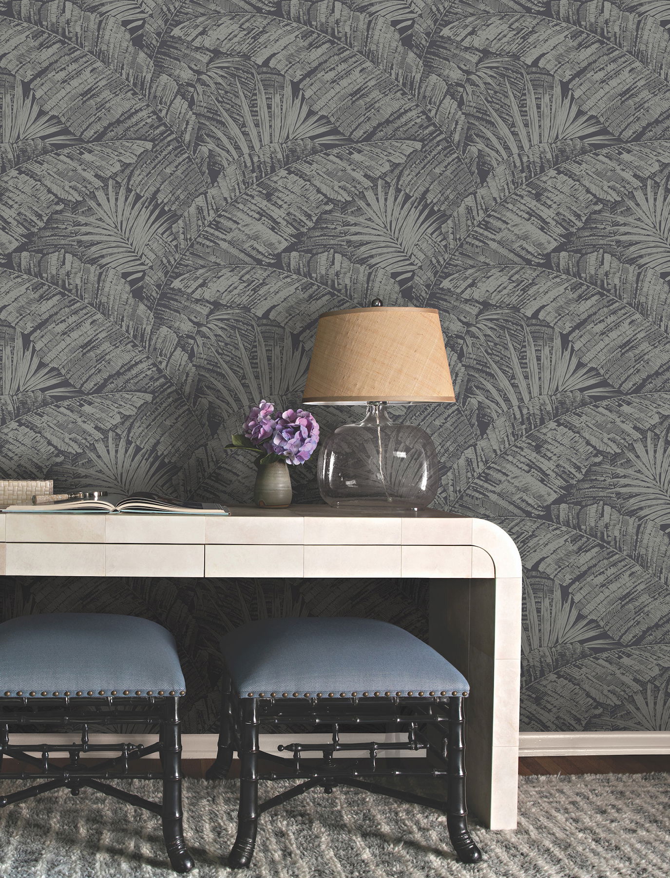 Palm Cove Toile Silver & Black Wallpaper large image 