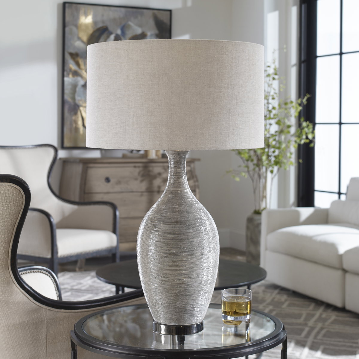 Dinah Gray Textured Table Lamp, by Uttermost, 1'7" width x 2'7" height x 1'7" depth View 2