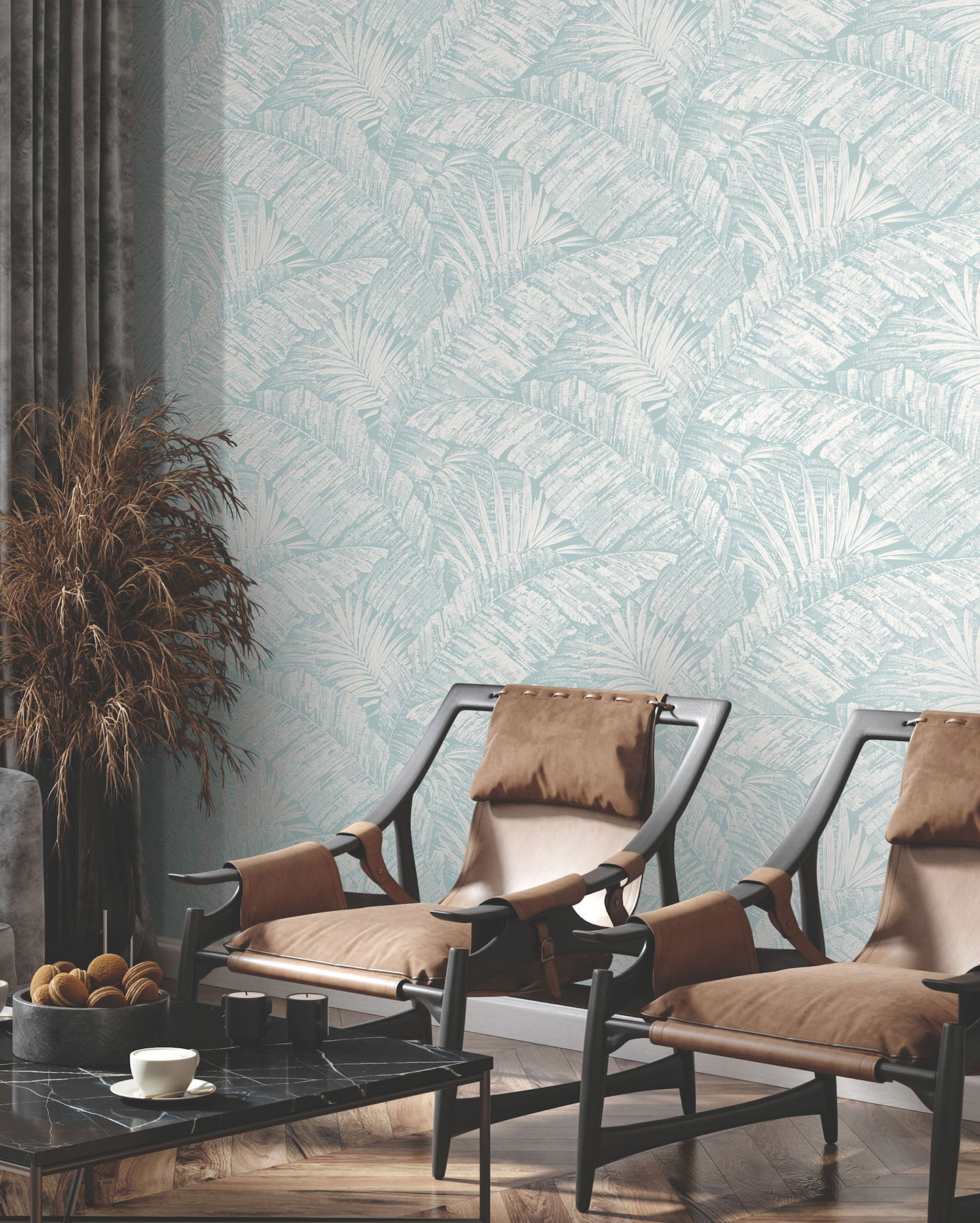 Palm Cove Toile White & Blue Wallpaper large image 